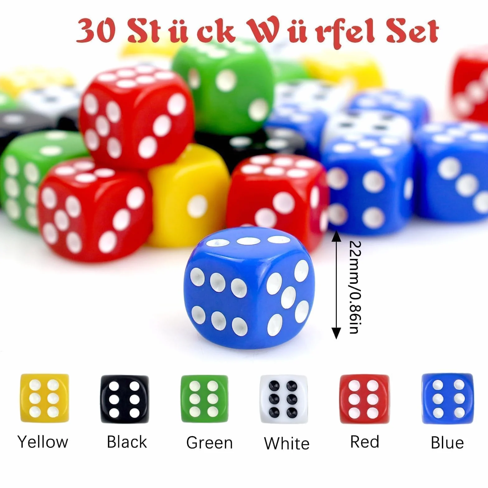 30 Pezzi Dadi Colorati a 6 Facce,22mm D6 dadi in acrilico ,6 Facce Game Dice a cubetti in acrilico con sacchetto a cubo nero,per Poker,Giochi da Tavolo, Giochi con Dadi e Matematici ,poker