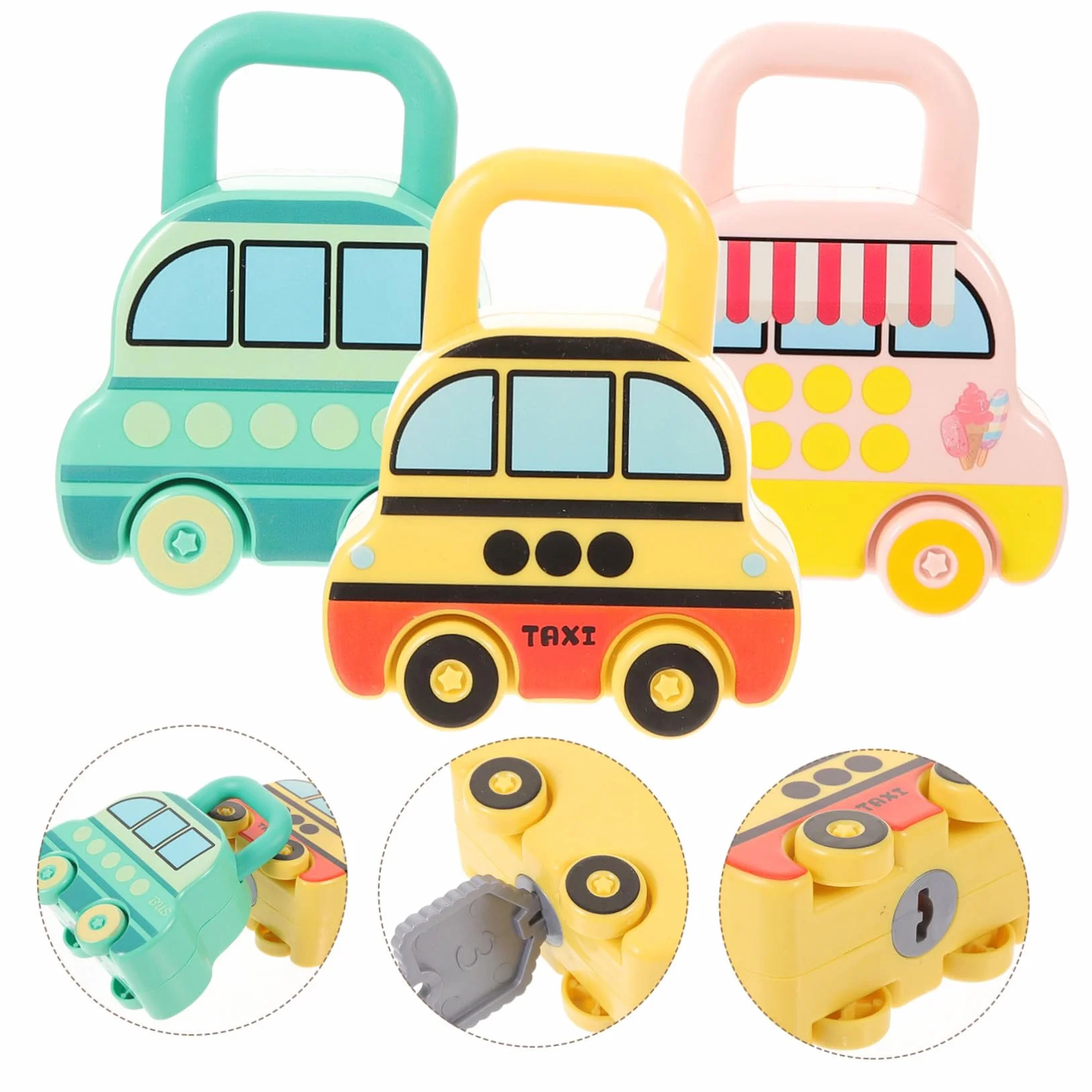 BESPORTBLE 3 Pezzi Giocattolo Lucchetto e Chiave Forma Autobus Giocattoli Auto Scorrevoli Chiavi Abilità Motorie Fini Ragazzo Ragazza