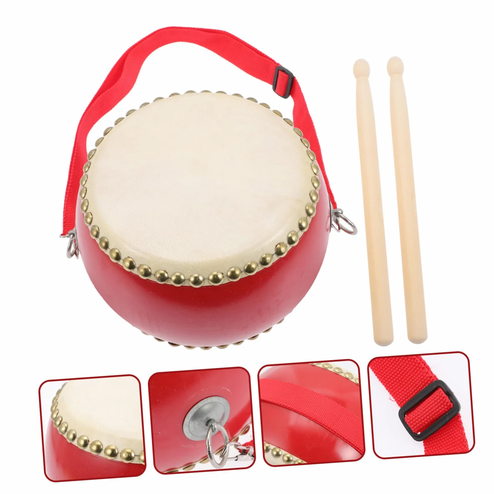 Tamburo Giocattolo in Pelle di Mucca in Legno Rosso | Strumento Percussione Musicale, per Feste di Celebrazione, per Bambini e Adulti