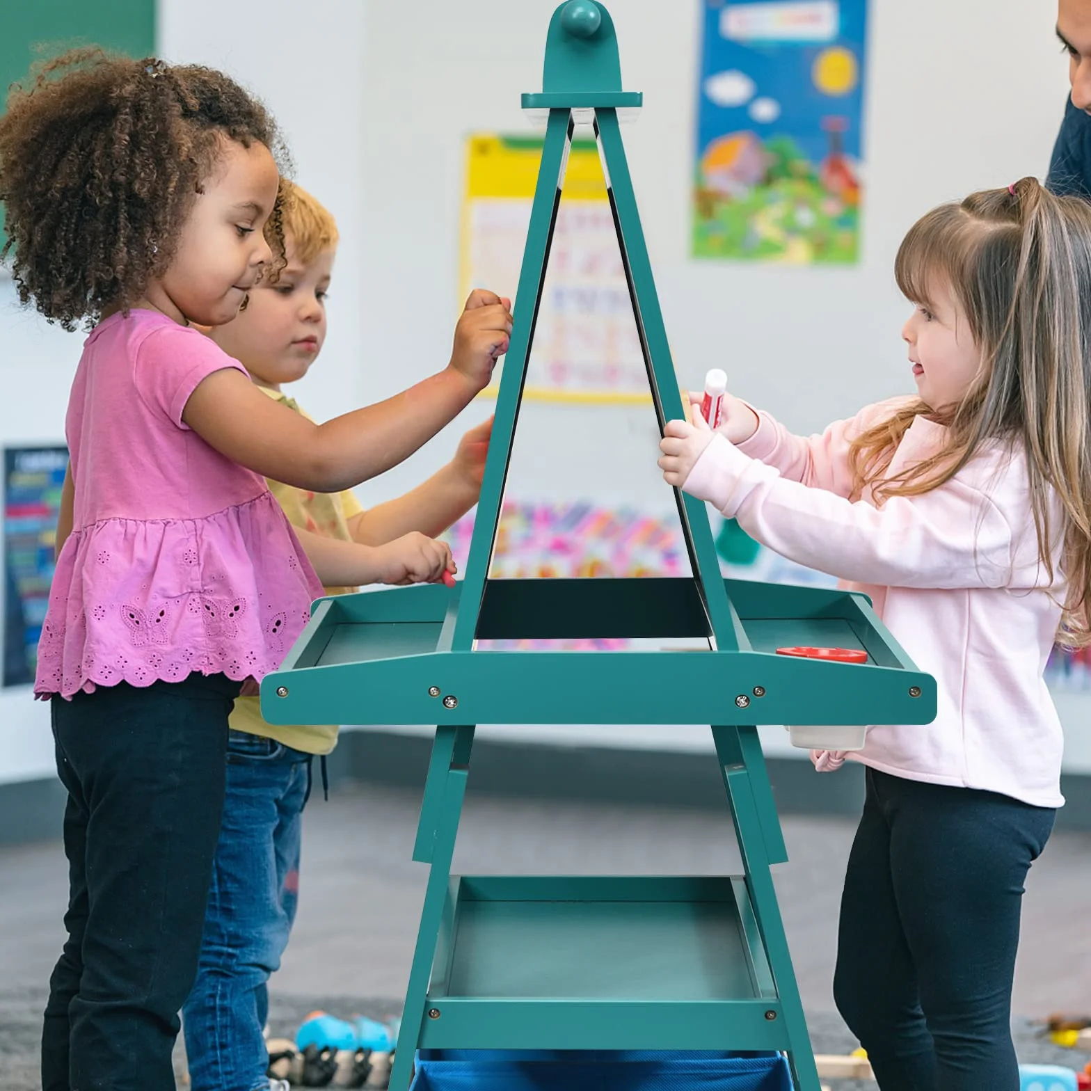 RELAX4LIFE 3 in 1 Lavagna per Bambini, Cavalletto Pittura Doppia Faccia Magnetica con Rotolo di Carta, Giocattolo Educativo 3+ Anni (Blu)