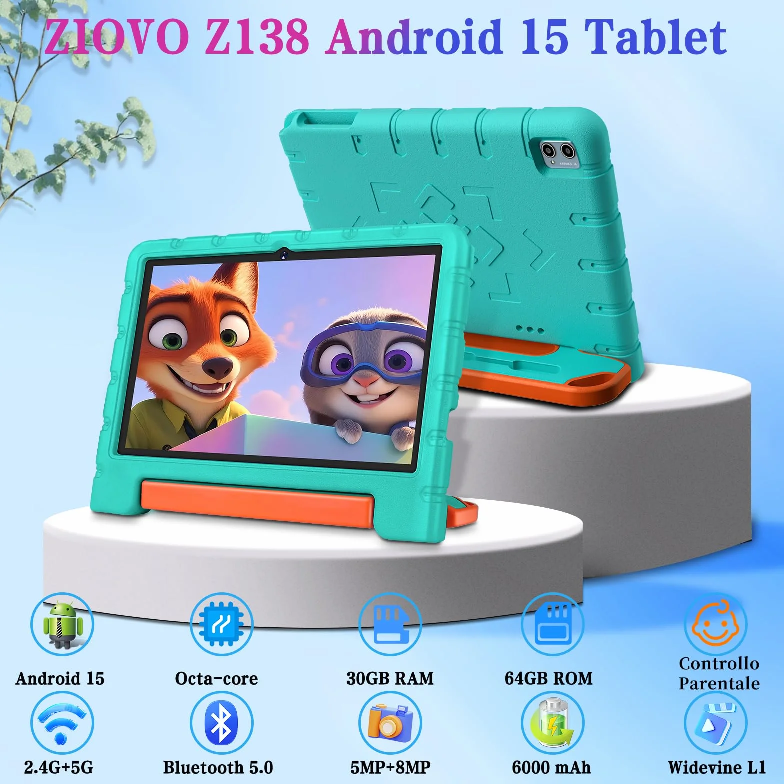 ZIOVO Tablet Bambini 10 Pollici Tablets Android 15, 30GB RAM+64GB ROM(TF 2TB), 5G WiFi Tablets,Gemini AI/Octa-Core/Widevine L1/Face ID/Parentale Controllo/6000 mAh/BT 5.0, Tablet con Eva Caso-Verde