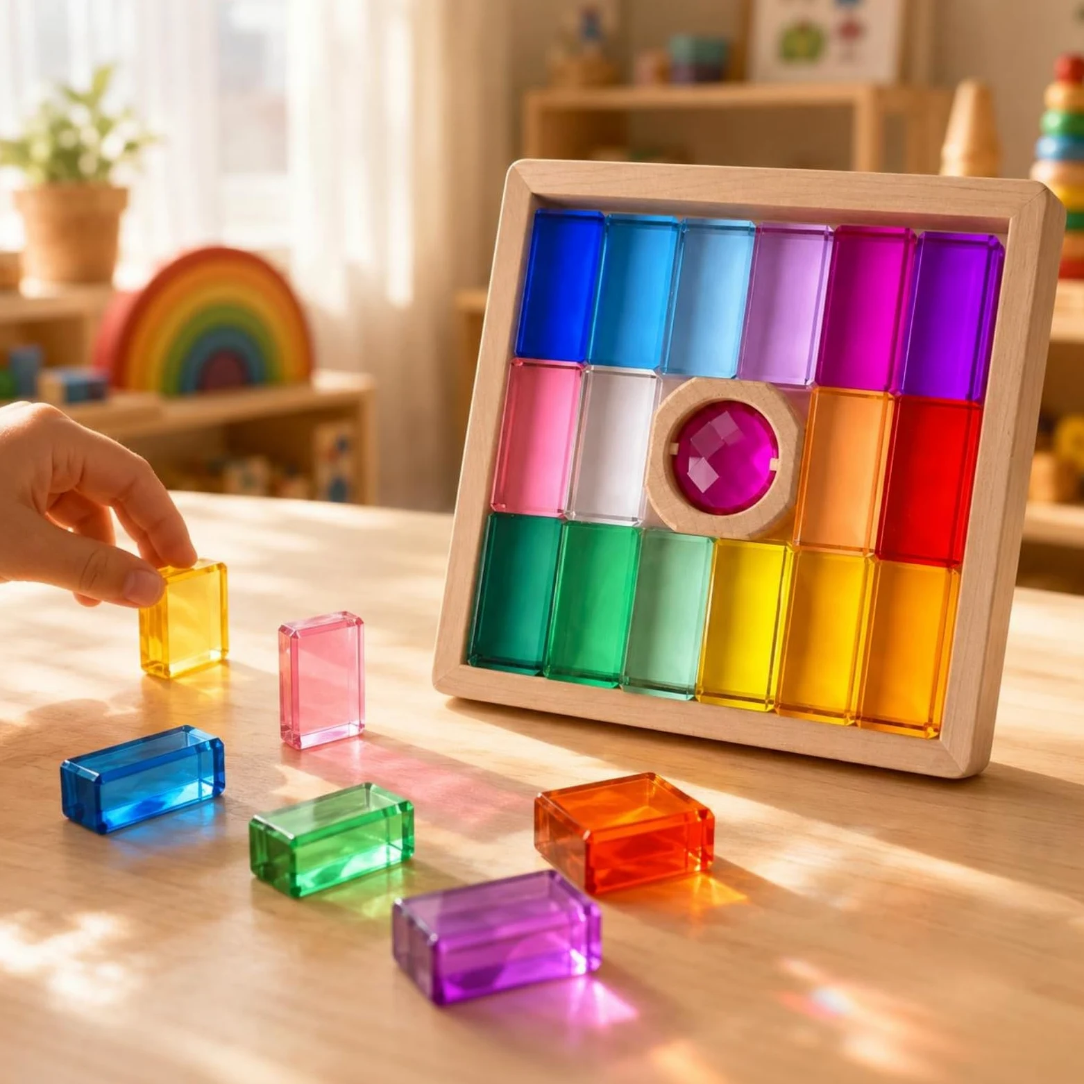 Blocchi da Costruzione per Bambini Set Legno E Acrilico Gioco Impilabile con Telaio in Faggio Pezzi Translucidi Effetto Cristallo Esplorazione di