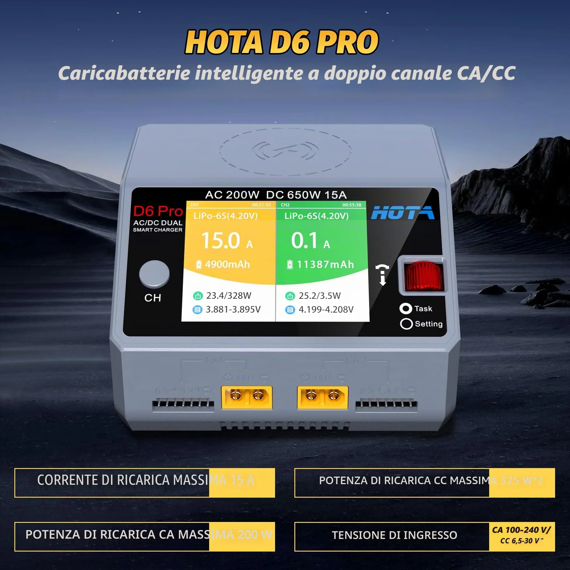 HOTA D6 Pro RC Batteria Dual RC Caricabatterie AC200W DC 325W 15A Balance Charger per RC LiHv Nicd NiMH Ricarica Batteria RC Auto RC Barca FPV Race Drone Parti