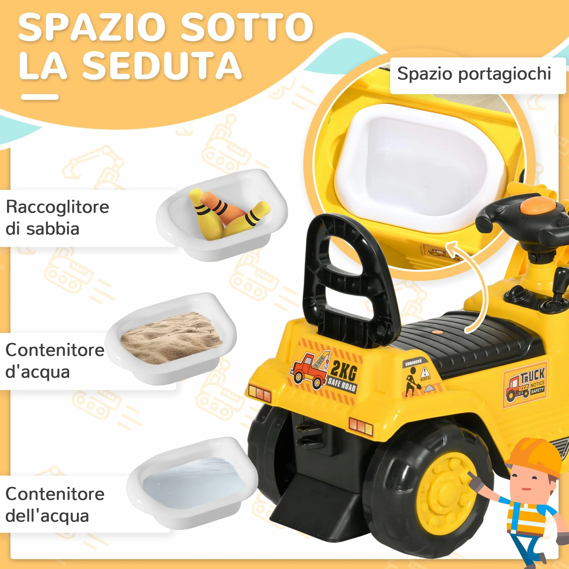 HOMCOM Escavatore per Bambini con Benna, PP e ABS, 80x26.5x39 cm, Giallo e Nero