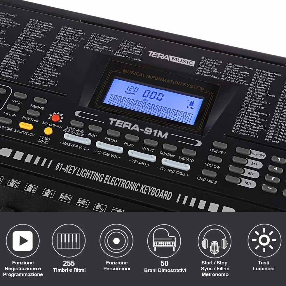 Bakaji Tastiera Musicale Pianola Elettronica 61 Tasti Luminosi Pianoforte Multifunzione con Supporto Sgabello e Cuffie 255 Ritmi50 Brani Ingresso AUX e Leggio per Smartphone/Tablet