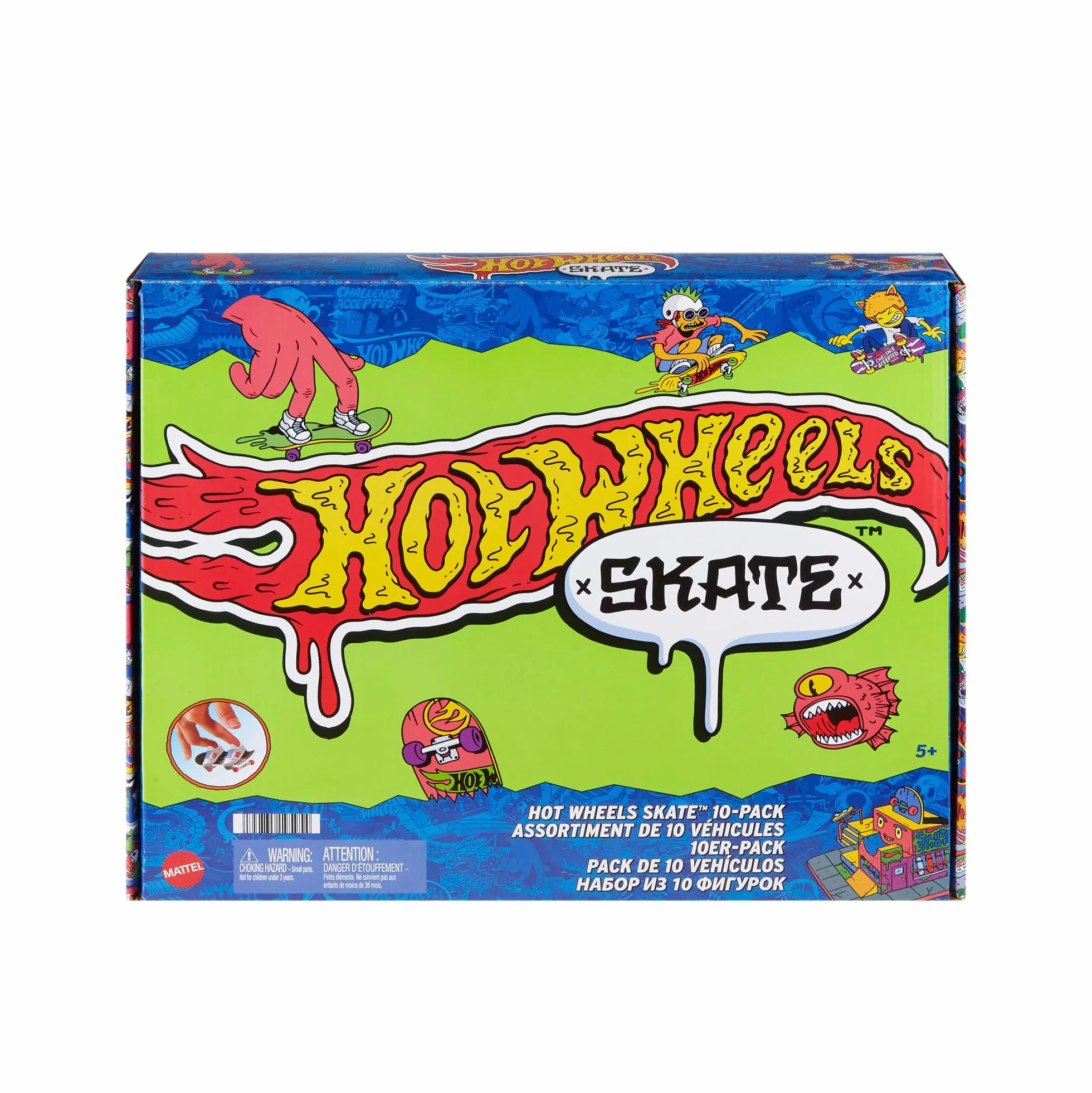 Hot Wheels Skate - Set da 10 fingerboard, include anche 5 paia di scarpine da skate rimovibili, grafiche dettagliate a tema, giocattolo per bambini, 5+ anni, HTP59