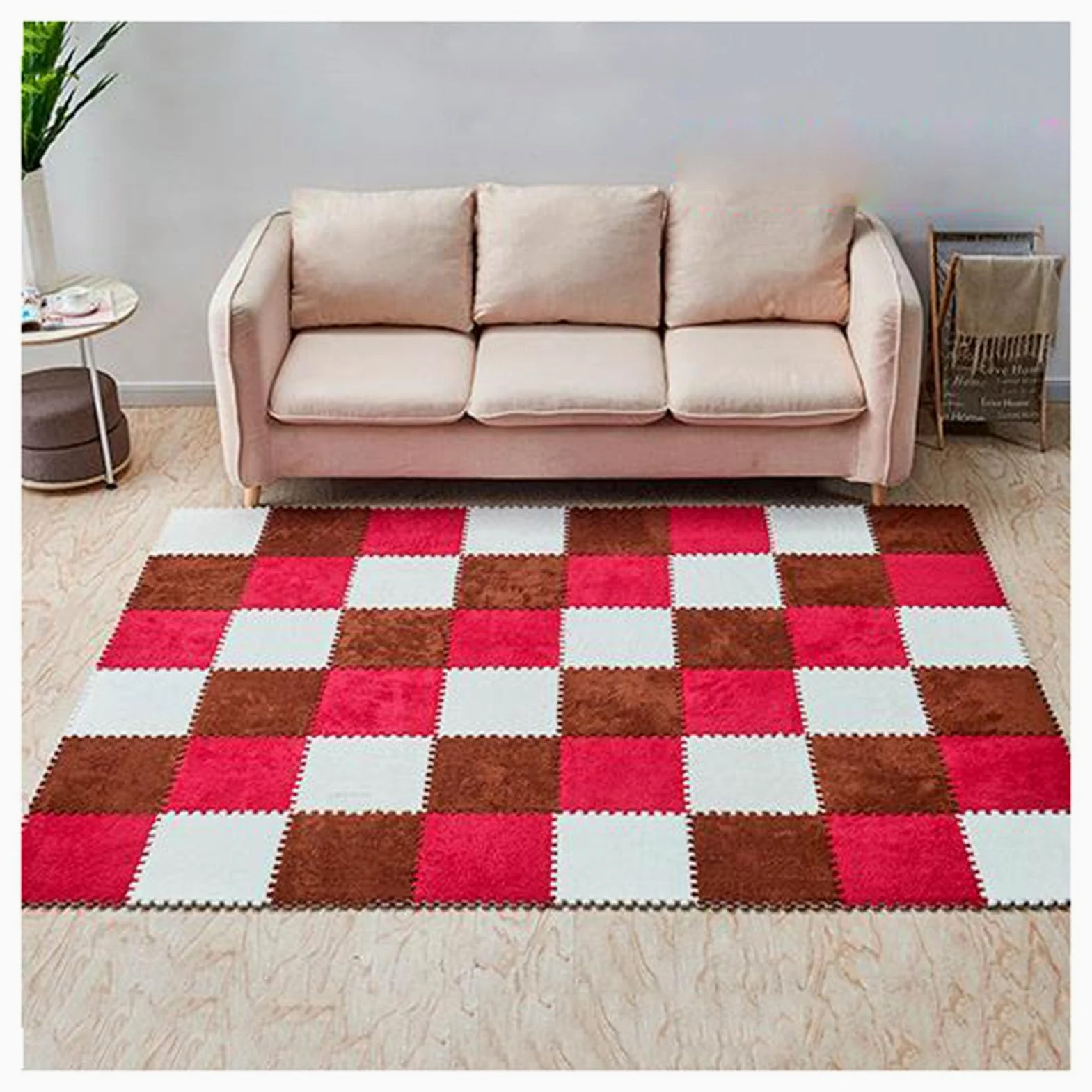 Tappeto ad Incastro Splice 24 Pezzi Tappetino da Arrampicata in Peluche, Tappeto in Schiuma Eva ad Incastro, Taglio e Giunzione, Adatto per Area Giochi, Tappeto in schium,Brown+White+Red
