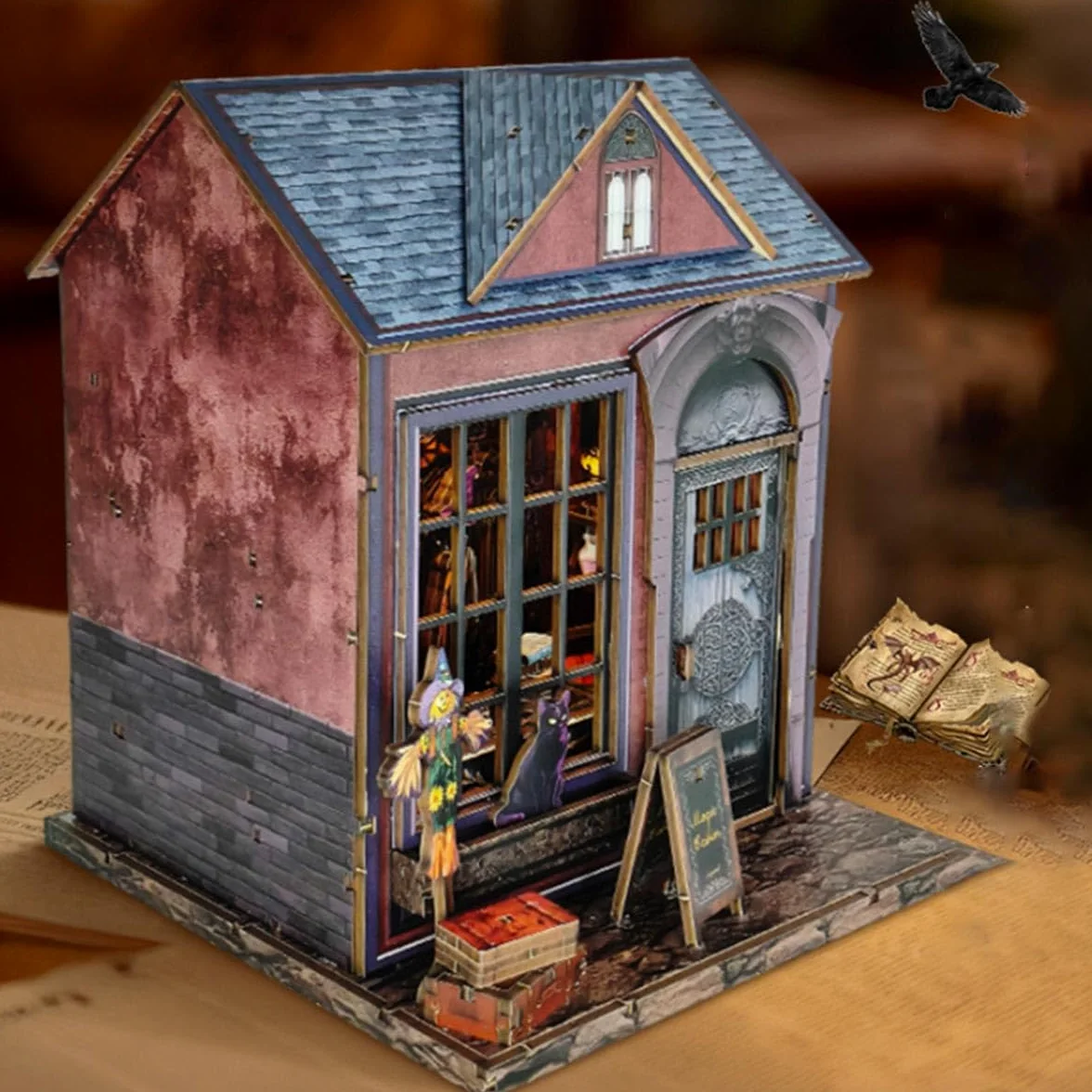 Modello 3D in legno mago mago scuro per adulti, kit di montaggio fai da te in miniatura per casa delle streghe, regalo per appassionati di fai da te/lettori amanti dell'arte, decorazione da scrivania