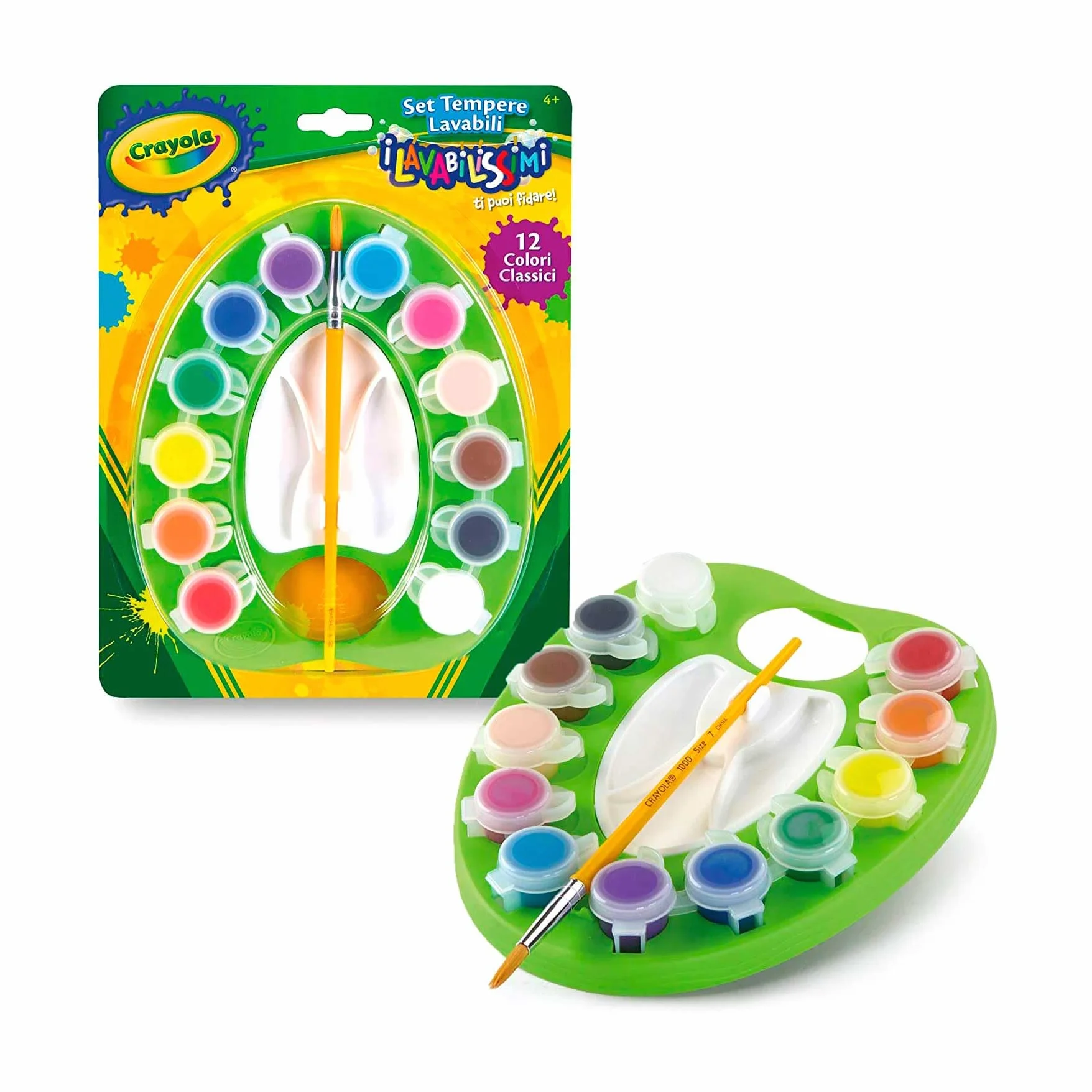 CRAYOLA 54-1066 Set di Tempere Lavabili per Bambini con Pennello, Colori Assortiti, Set da 12 colori, 1 tavolozza, 1 pennello. Vasetti di tempera richiudibili e ricaricabili.