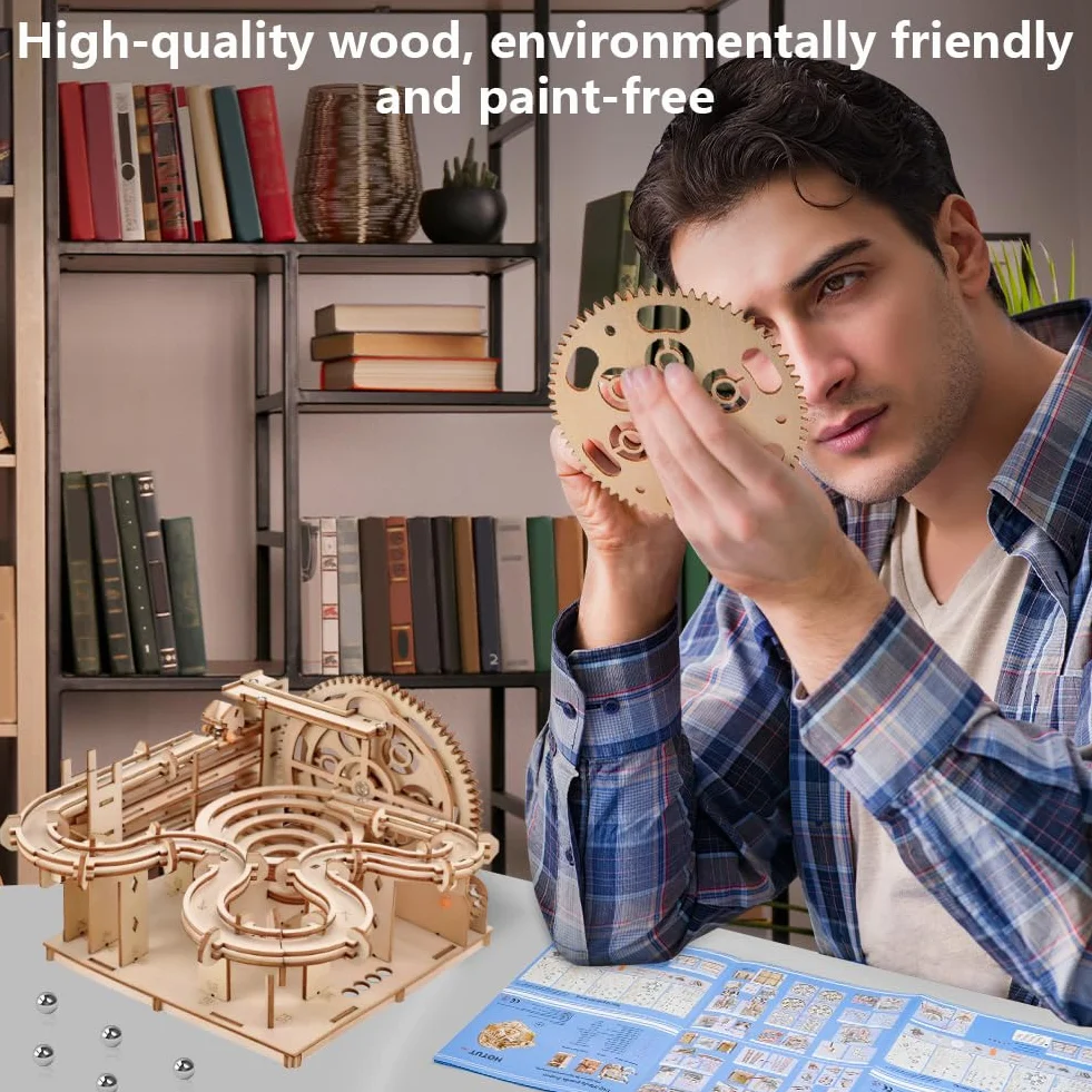 HOTUT Puzzle 3D in Legno, Pista a Ruota Idraulica, Fai-da-Te Pista per Biglie Kit di Costruzione Modello Meccanico, kit di Modelli 3D per adulti 4 Steel Balls, Giocattoli Educativi Regalo per Bambini