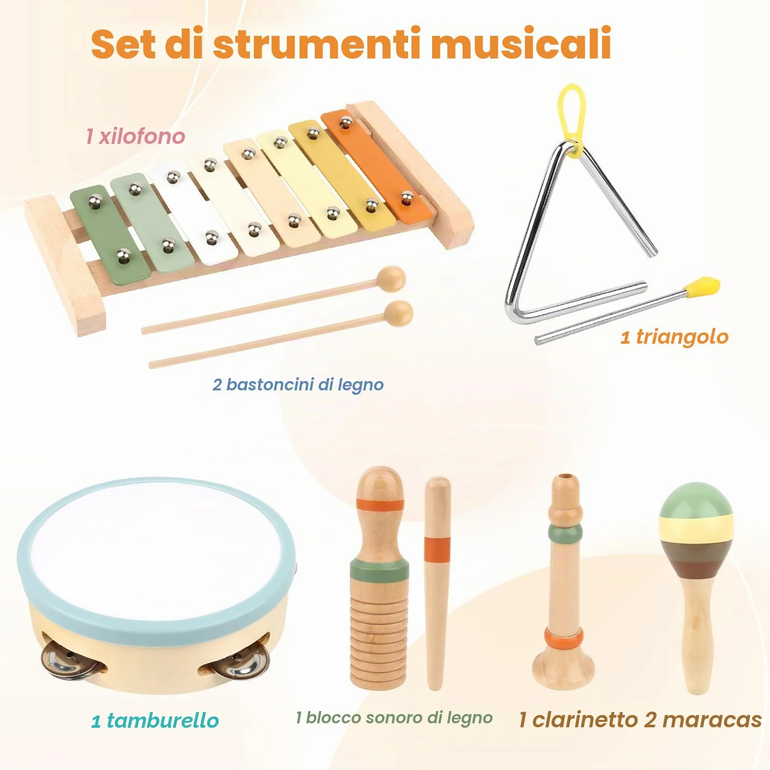 Strumenti Musicali Bambini, 6 in 1 Giochi Legno Montessori Sensoriale, Strumenti Musicali Percussioni in Legno - Tambourine Percussioni per Bambini con Tamburo, Xylophone , 3 4 5 6 Anni