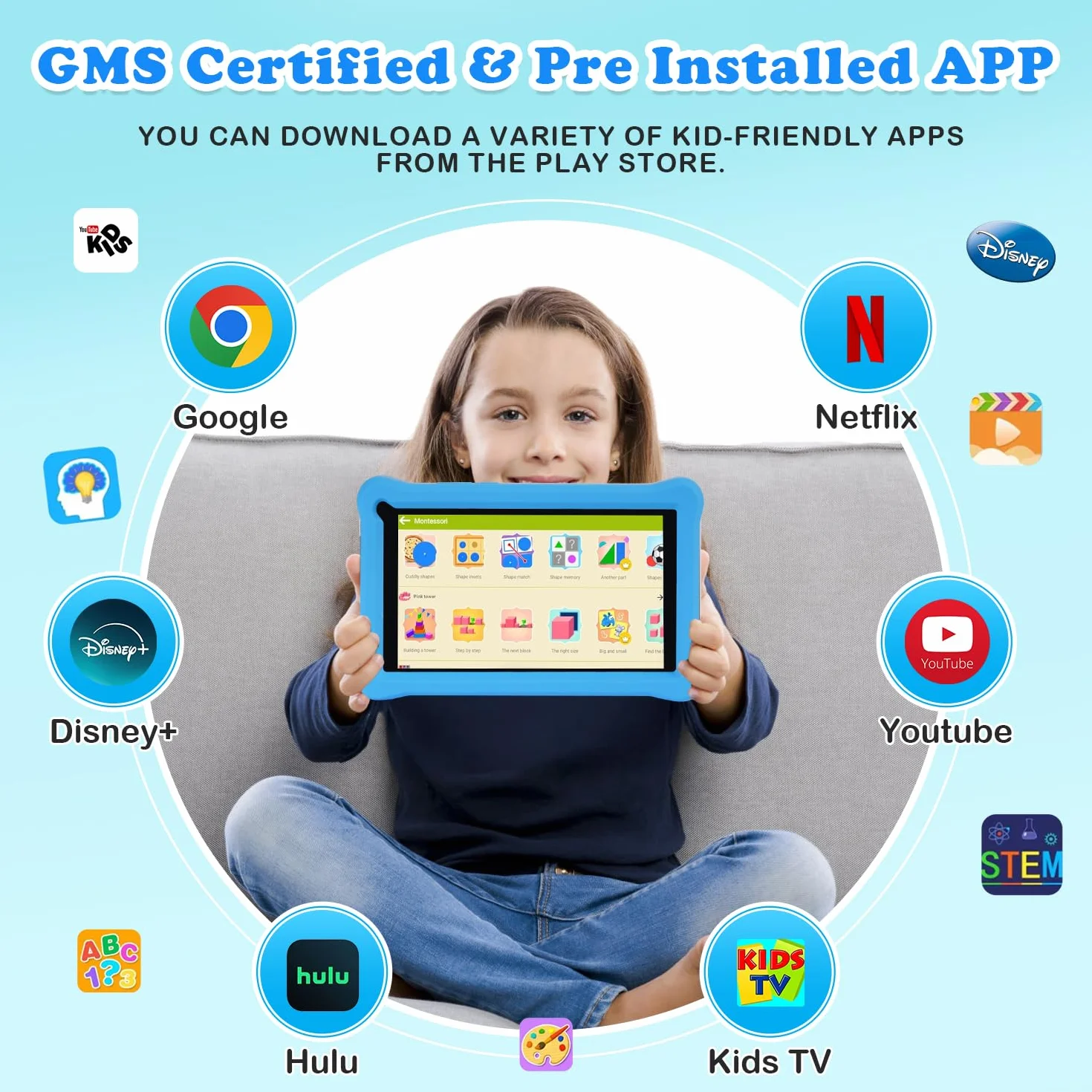 Tablet bambini 7 pollici Android 13, 8GB RAM+64GB ROM(128 GB Espandibile), Controllo Parentale, Display IPS, Doppia fotocamera, WiFi, App Pre-installed, Tablet Educativo con Custodia (Blu)