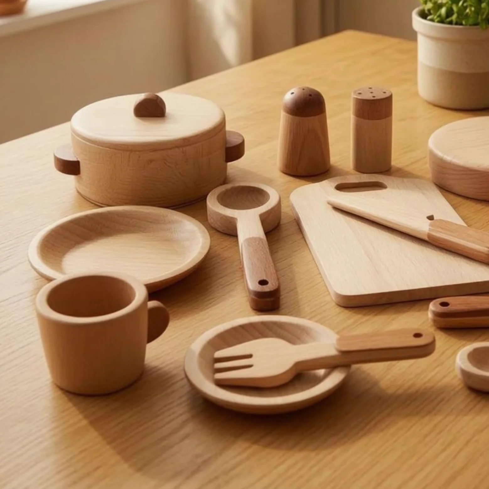 Gralara 15 Pieces Accessori Cucina Giocattolo Bordi Arrotondati Set Picnic in Legno Venatura Chiara