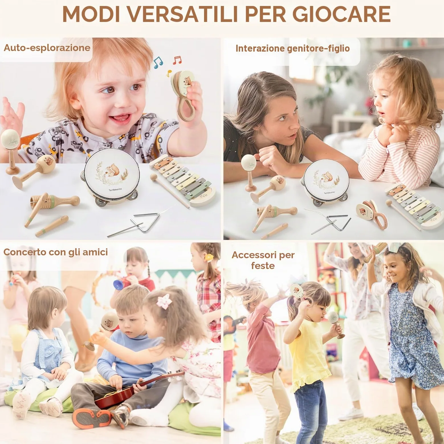 OESSUF Strumenti musicali per bambino a partire da 1 anno, xilofono e tamburello in legno, giocattoli Montessori a partire da 1 2 3 anni