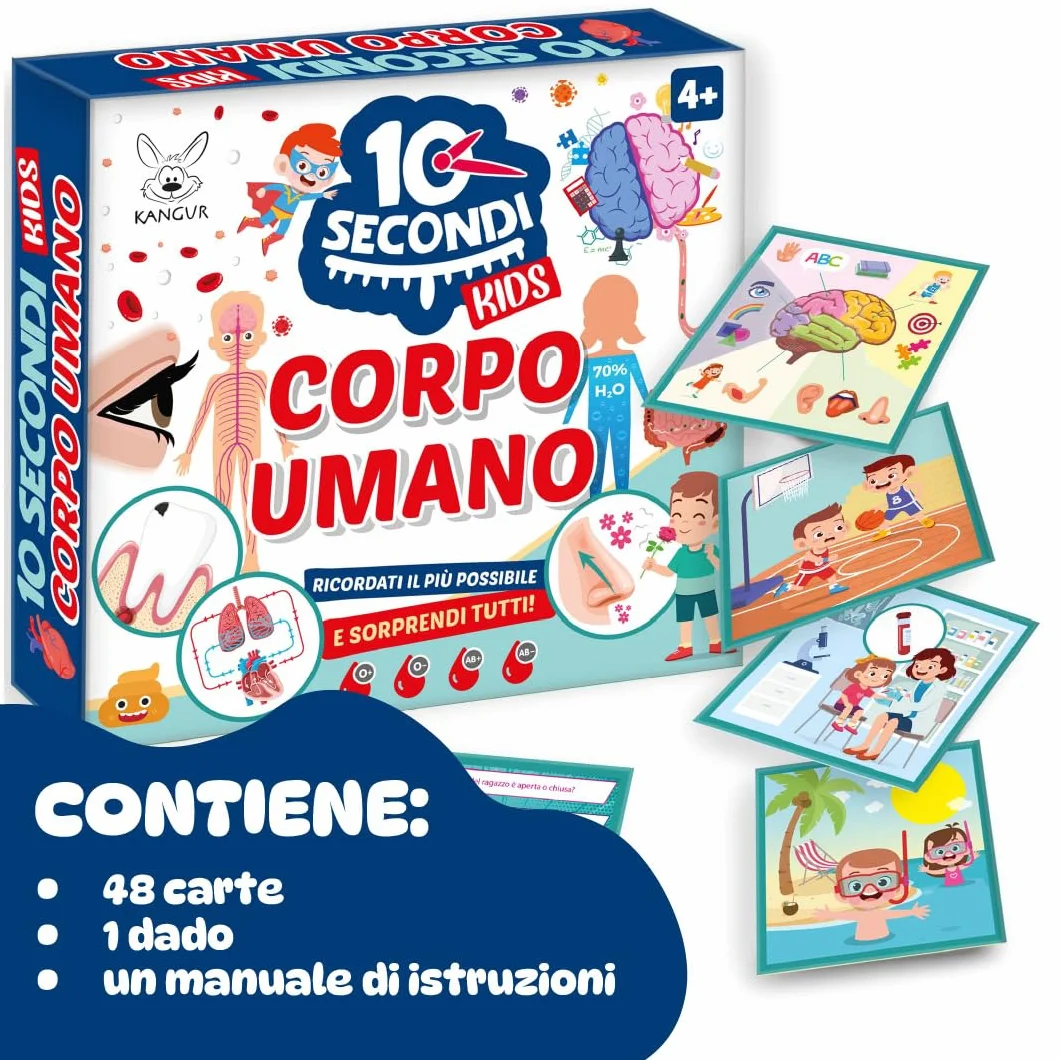 KANGUR 10 Secondi Kids Corpo Umano Gioco Educativo per Bambini 4+ con 48 Carte Sviluppa Memoria Concentrazione Osservazione Anatomia Umana