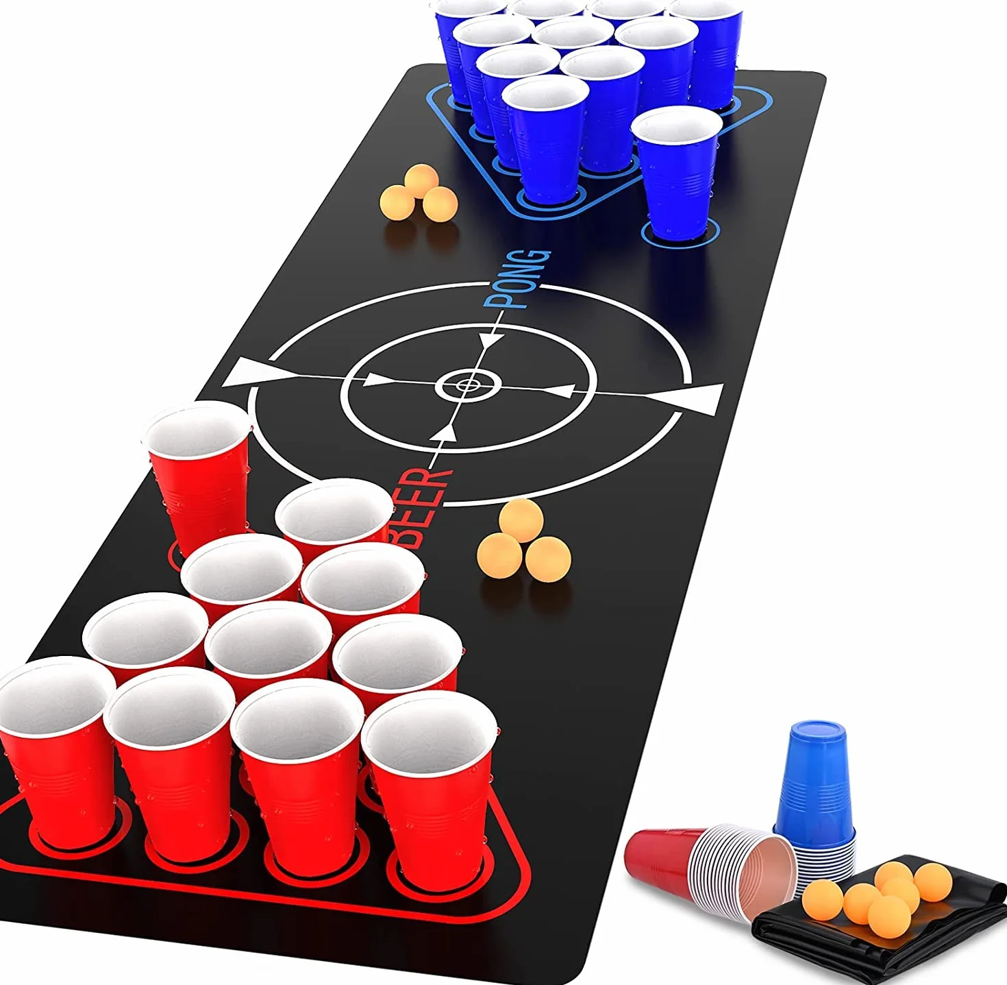 Faburo Tappeto da Gioco per Bere Birra-Pong (1.8 x 0.6 m), Birra Pong Tazze, Birra Pong Party Set Gioco di Birra Carta, Palla da Ping-Pong Festa Tazza Bicchieri Gioco alcolico per Adulti Festa