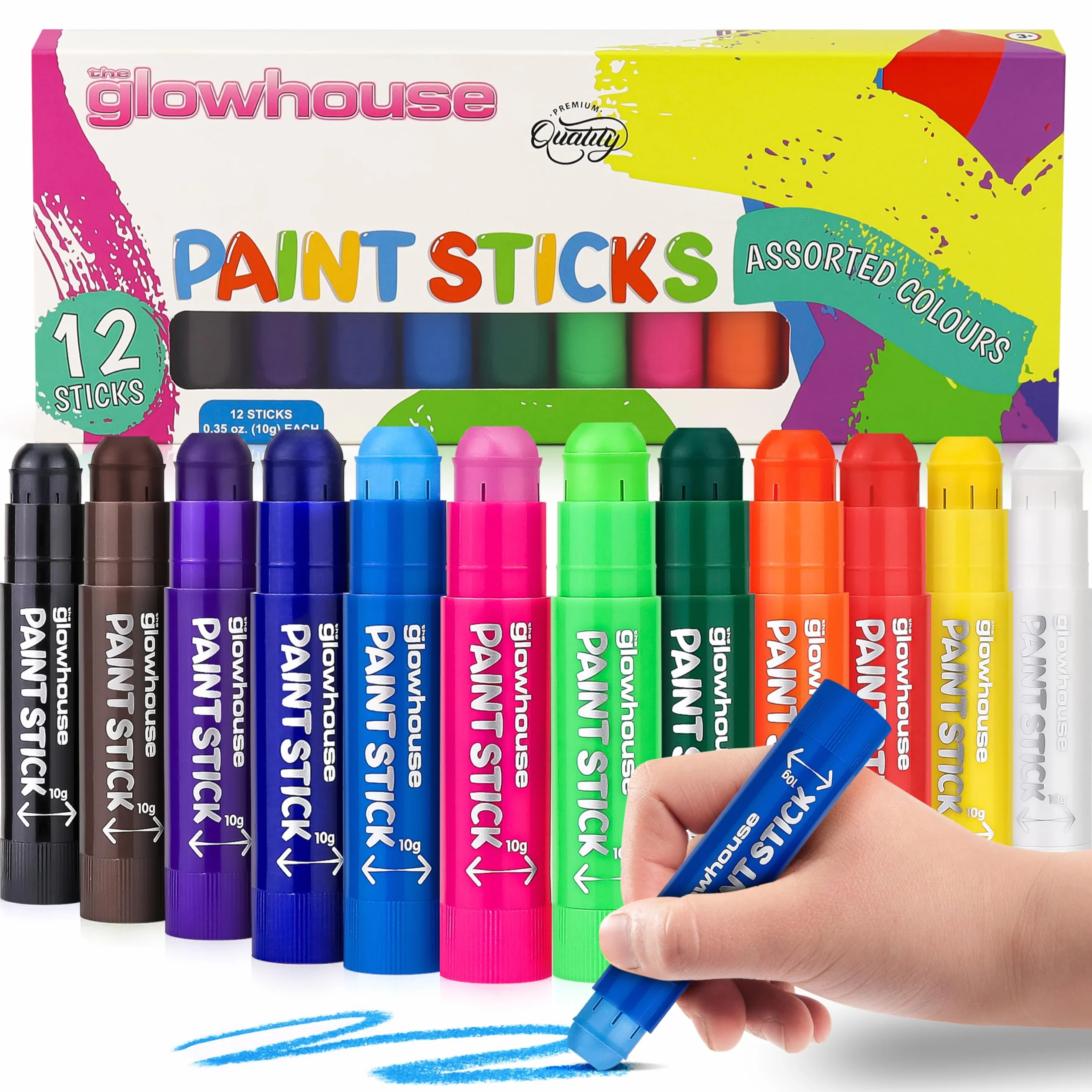 The Glowhouse Bastoni di Vernice a Tempera Colori Classici 12 Pezzi - Bastoncini di Vernice Multicolore Non Tossici, Lavabili, Senza Pasticci, per Bambini, Confezione da 12, Perfetto per Progetti