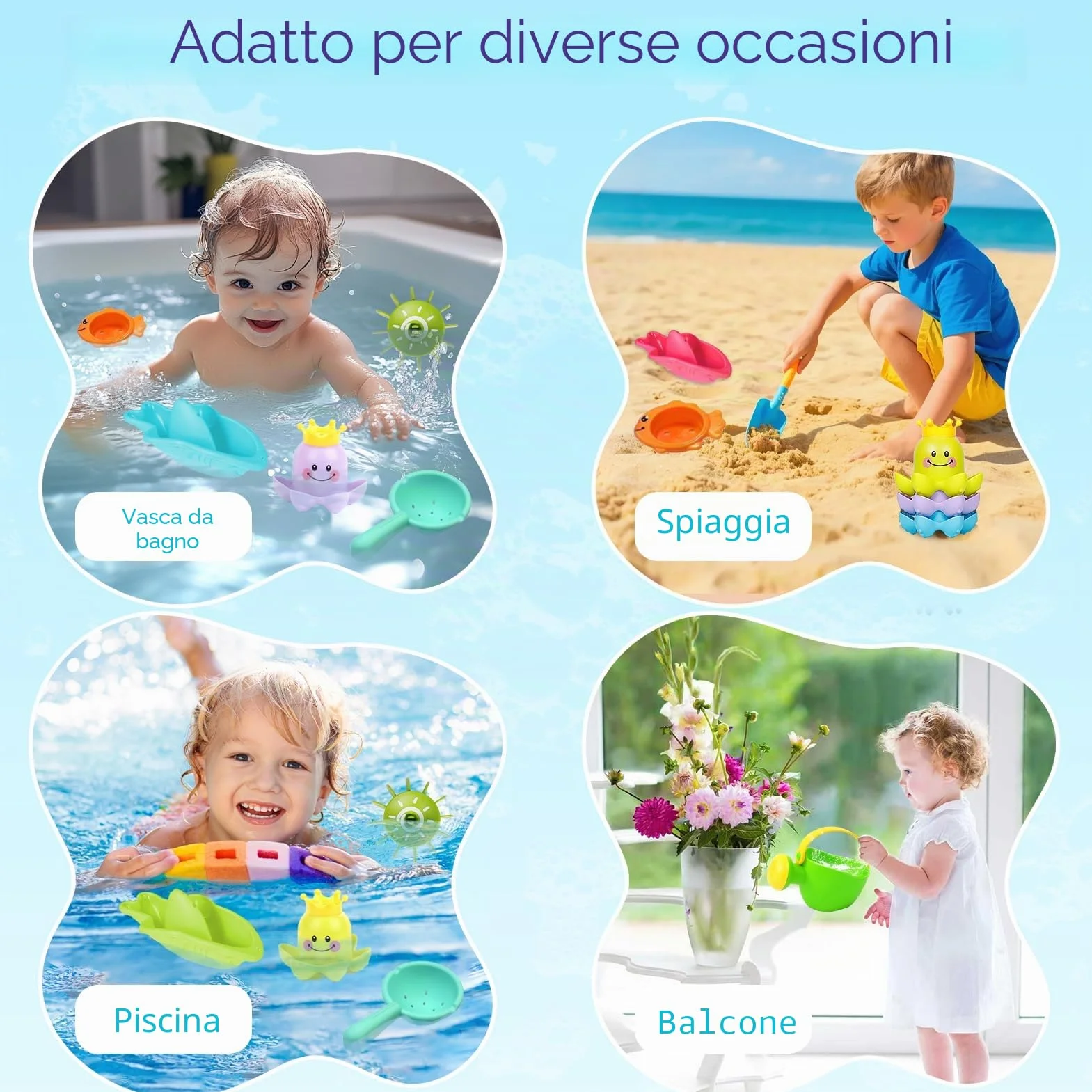 Giochi Bagnetto Neonato 14 Pezzi, Set Giochi Vasca da Bagno Bambini con Annaffiatoio, Ruota d’Acqua, Bicchieri Impilabili e Barchette, Giochi Bagnetto Neonato Atimuffa per Bagno e Piscina