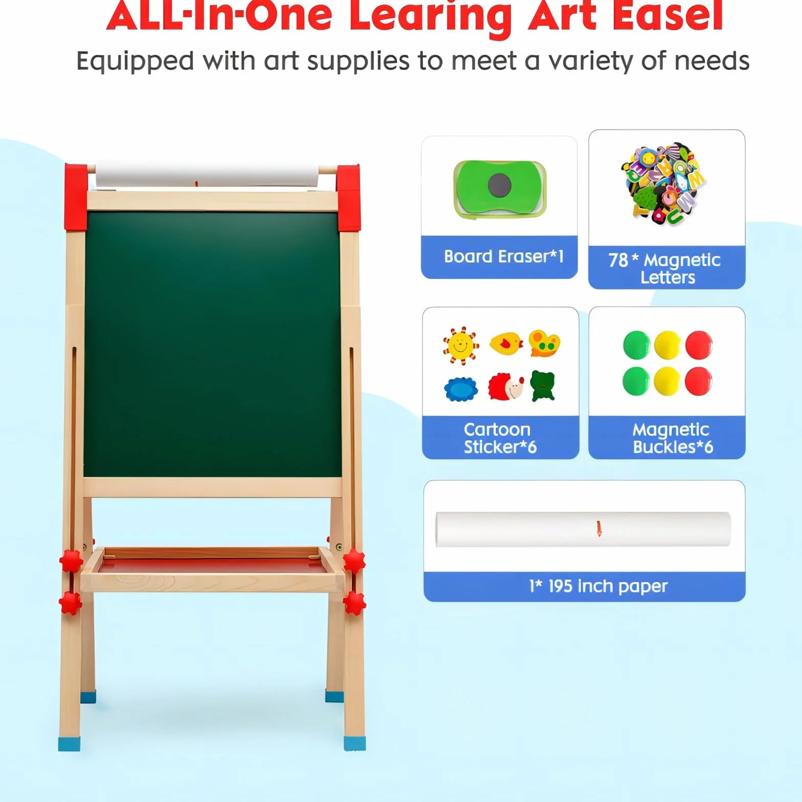Cavalletto per Bambini 3 in 1 Doppia Faccia Lavagna in Legno con Numeri e Accessori Educativi