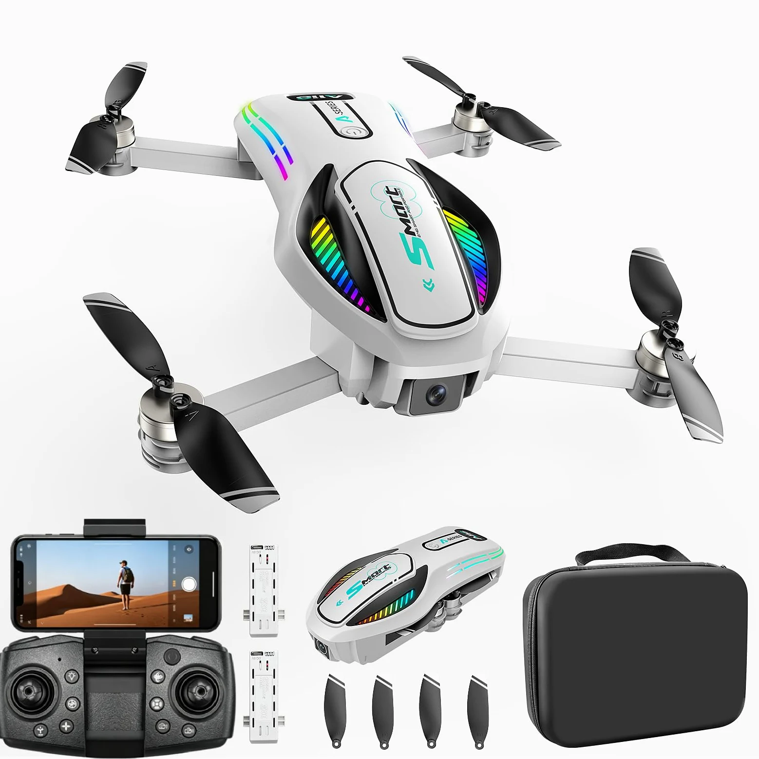 Drone 8K HD con Schermo e Doppia Fotocamera, Drone con Evitamento Ostacoli & Flusso Ottico, WiFi 30fps Quadcopter, Pieghevole, Controllo Gesti, Kit Completo per Adulti & Principianti