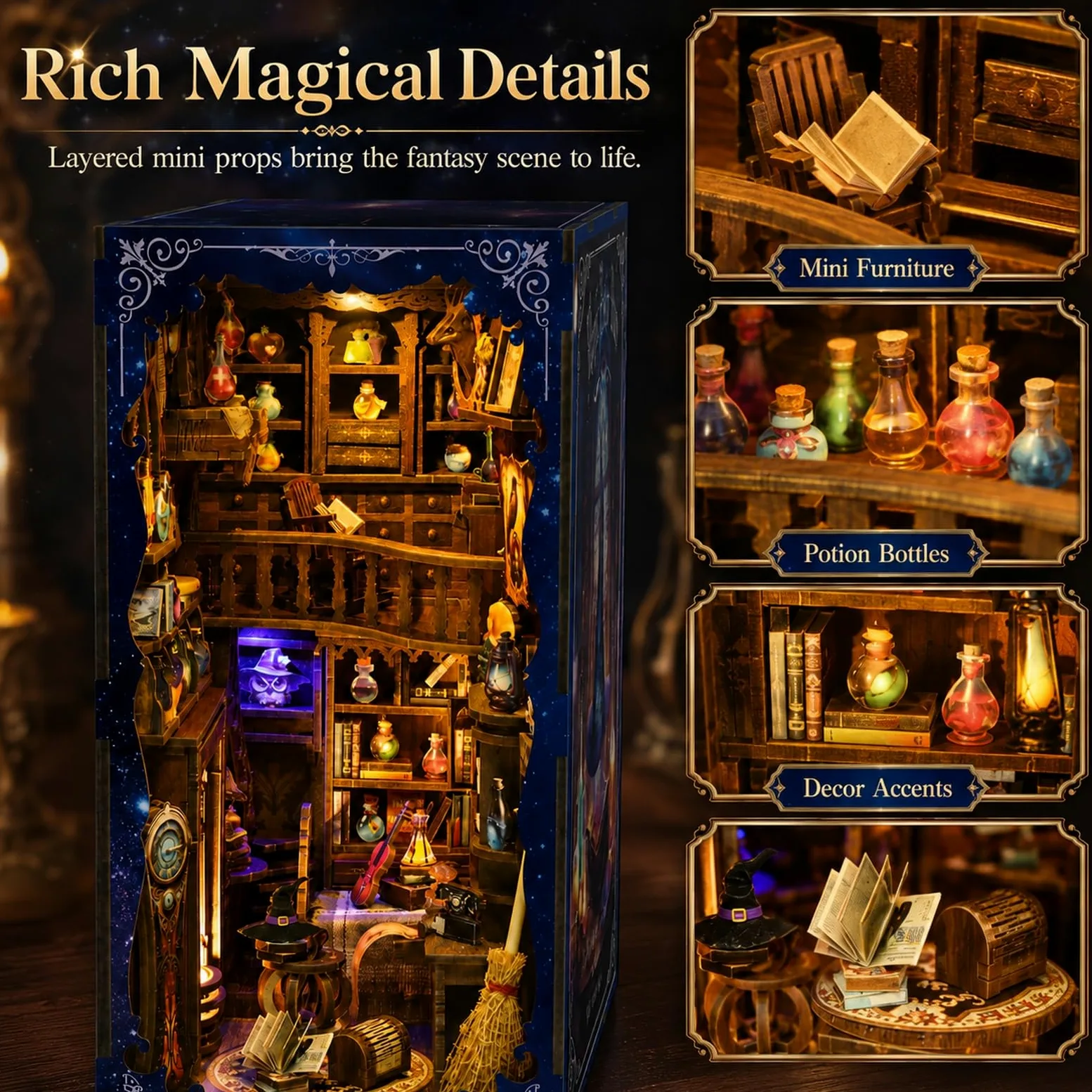 GOOGO Kit Book Nook, casa in miniatura fai da te Book Nook da 334 pezzi con luce LED, puzzle 3D in legno, fermalibri decorativo per libreria, regalo creativo per adulti (Casetta incantata)