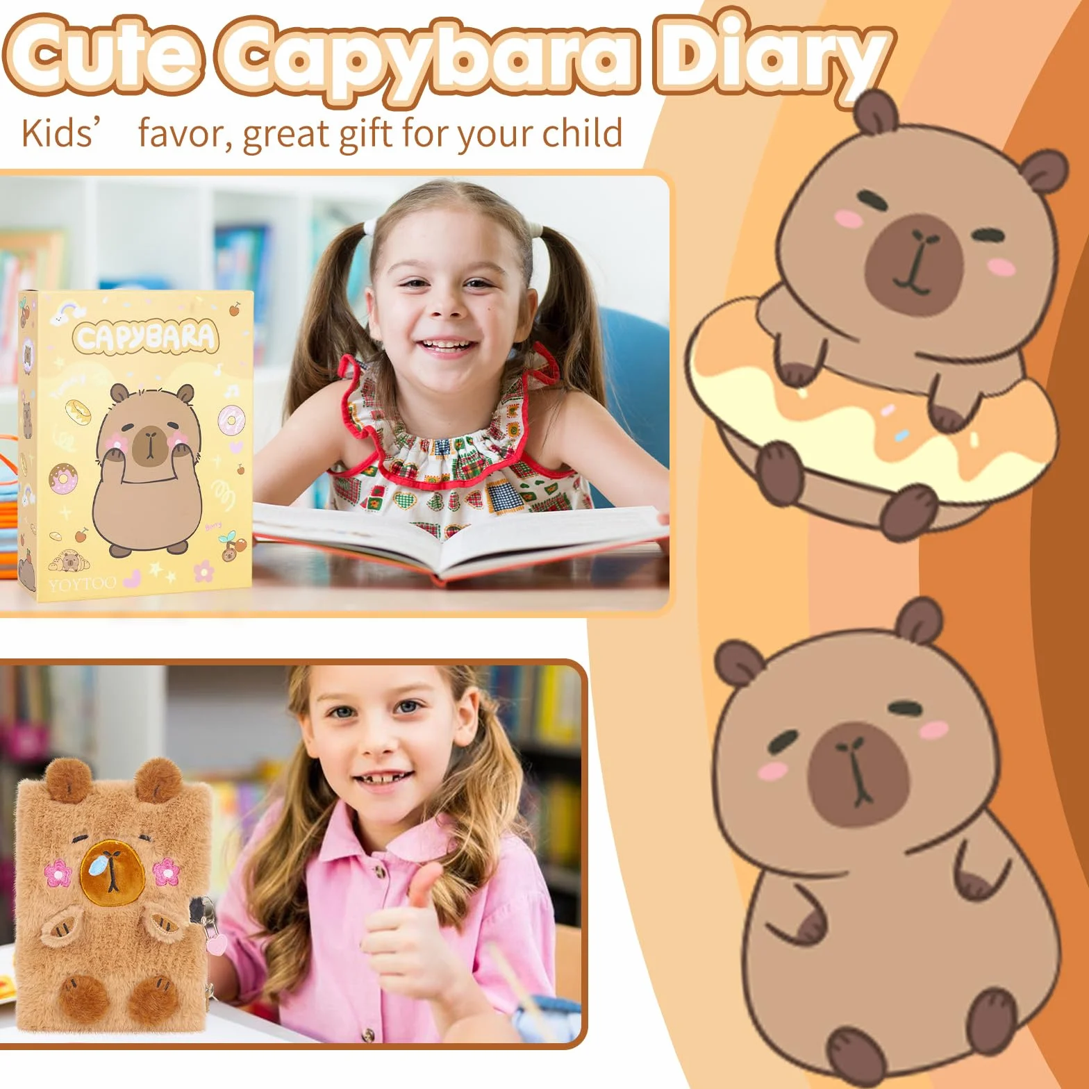 Capibara Plush Diary with Lock and Keys,160 Pagine Diario per Bambini con Chiusura Segreta, Taccuino di Peluche per Scrivere e Disegnare, Regali per Bambini