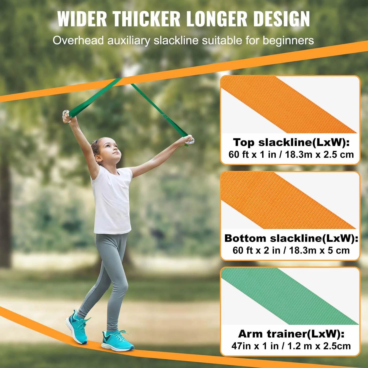 VEVOR Kit Slackline con linea di allenamento, attrezzatura da 18,3 m per il cortile, corda stretta facile da installare per bambini e adulti, set completo Slackline con protezioni per alberi