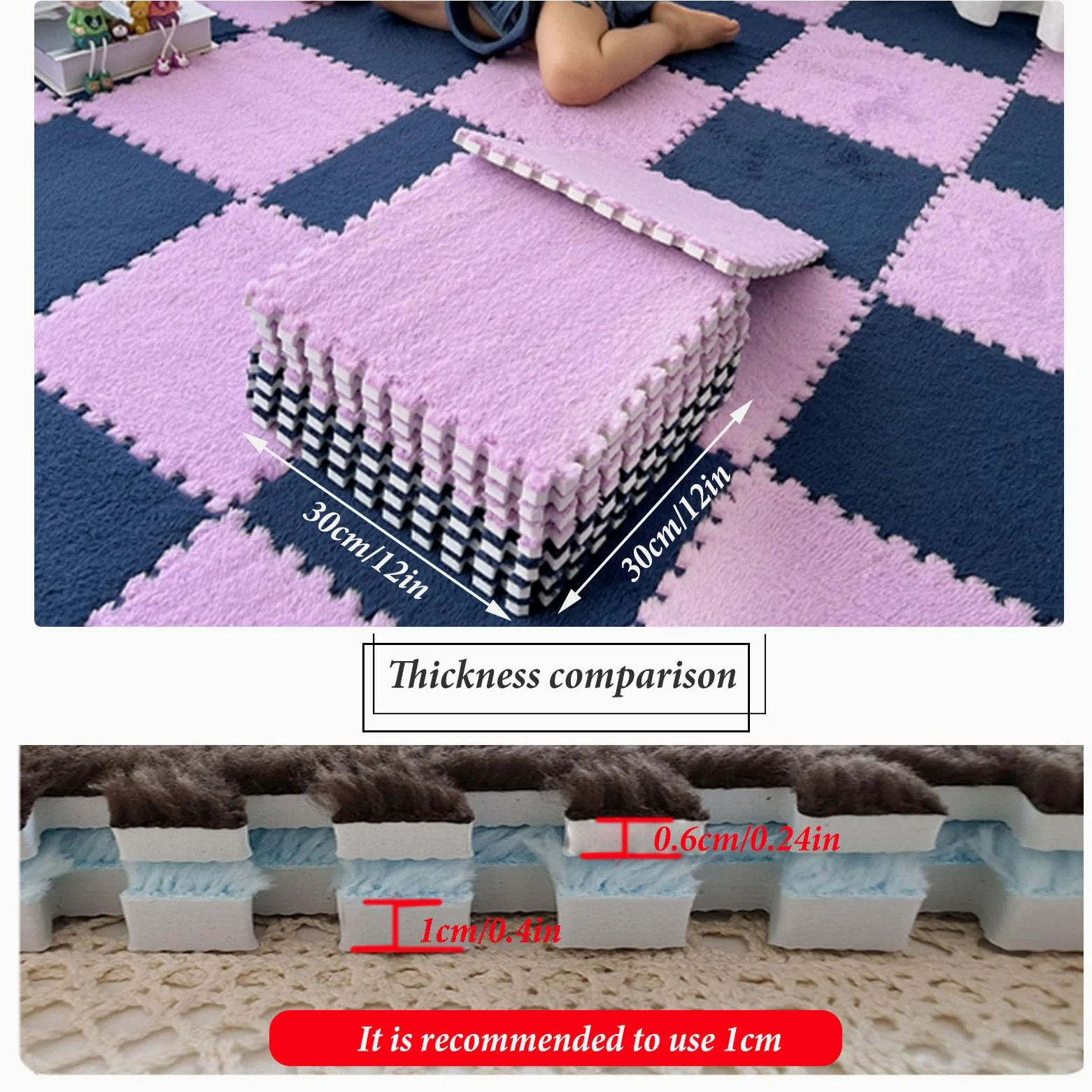 Tappeto ad Incastro Splice Tappeto ad Incastro Quadrato, 16 Pezzi Tappetino Puzzle in Schiuma, Facile da installare per Soggiorno e Camera da Letto Tappeto in Schiuma,Pink+gray-1cm