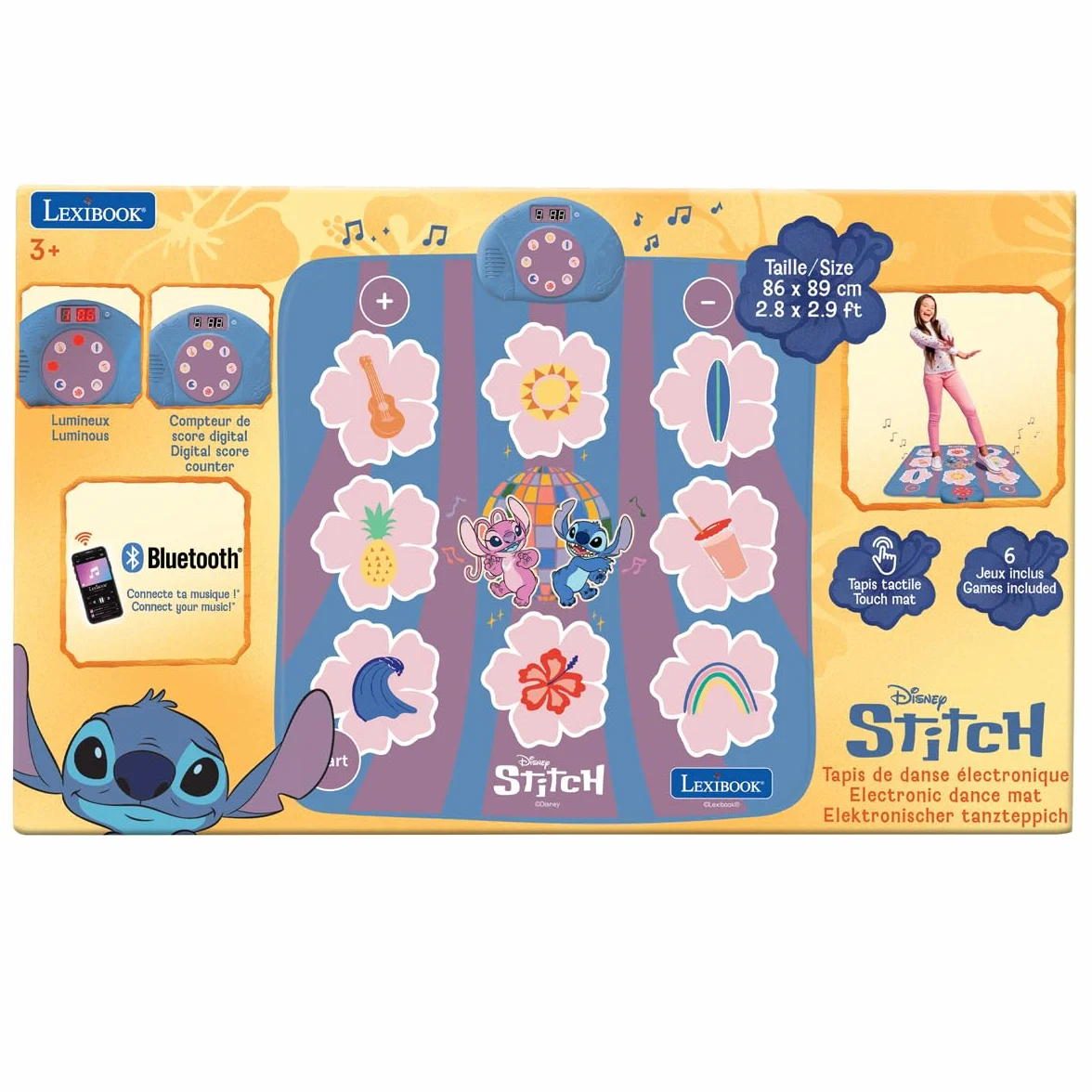 Lexibook, Disney Stitch, Tappeto da Ballo elettronico Stitch, Bluetooth e Luminoso con 6 modalità di Gioco, Rosa, DM10DLXB