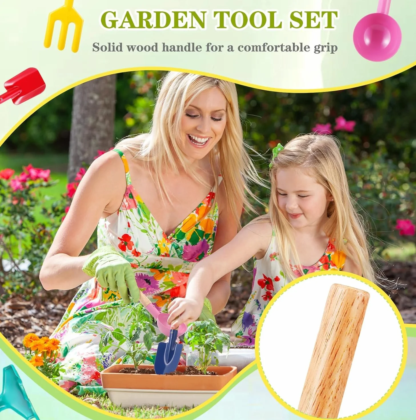 LATERN 10 Pezzi Attrezzi da Giardinaggio per Bambini, 20CM Giocattolo da Spiaggia Metallo Cucchiaio Forchetta Cazzuola Rastrello Pala con Manico in Legno per Giardino Terreno Trapianto Spiaggia Scavo