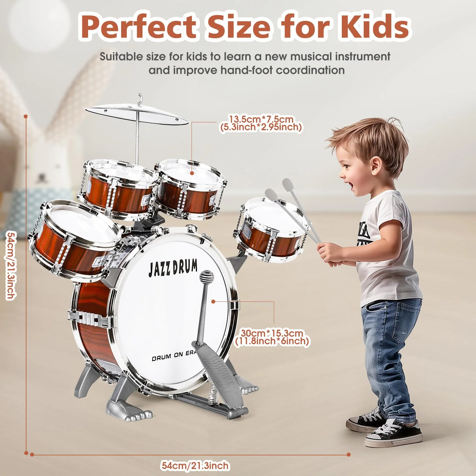 Batteria per Bambini, Set Batteria Jazz Strumento Musicale 5 Tamburi con Sgabello, Toddler Drum Set Musicale Percussione Giocattolo Regalo per Bambini 3 4 5 Ragazzi e Ragazze