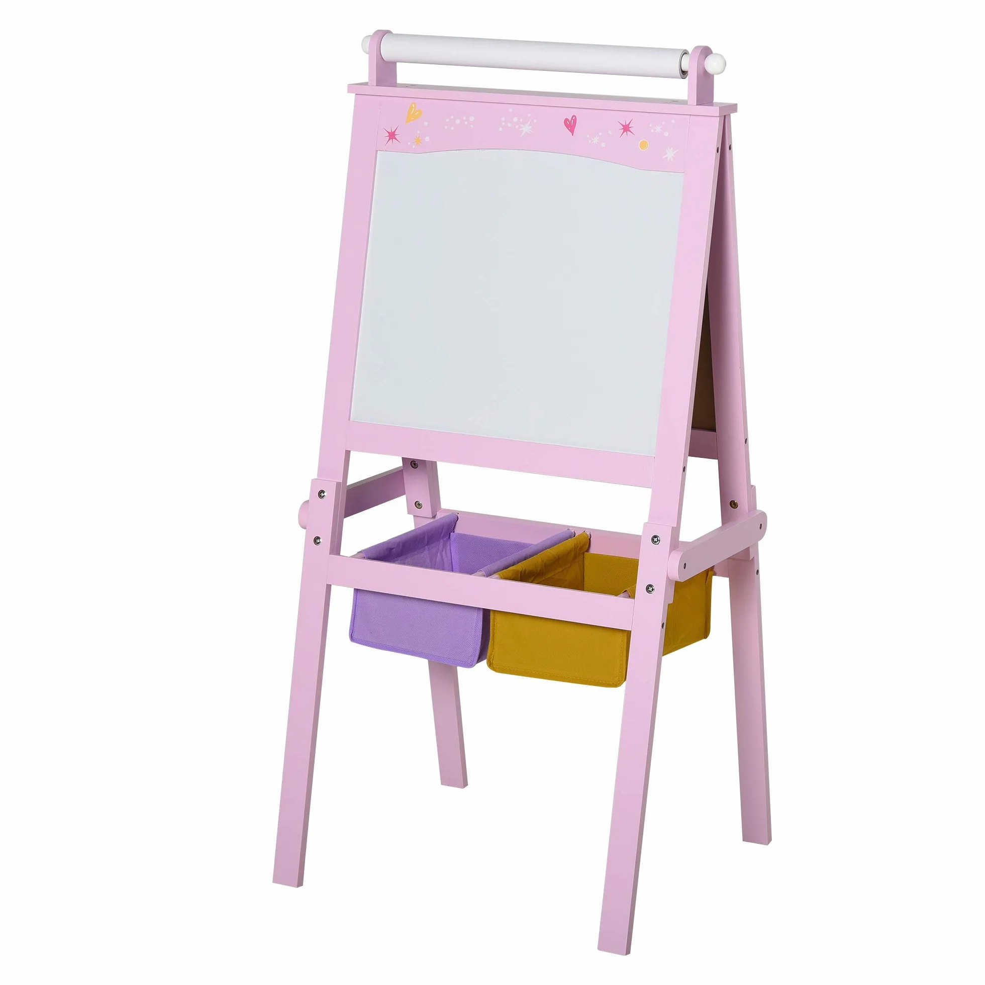HOMCOM Lavagnetta per Bambini in Legno Rosa 3 in 1 Cavalletto Lavagna Bianca Nera Rullo Fogli