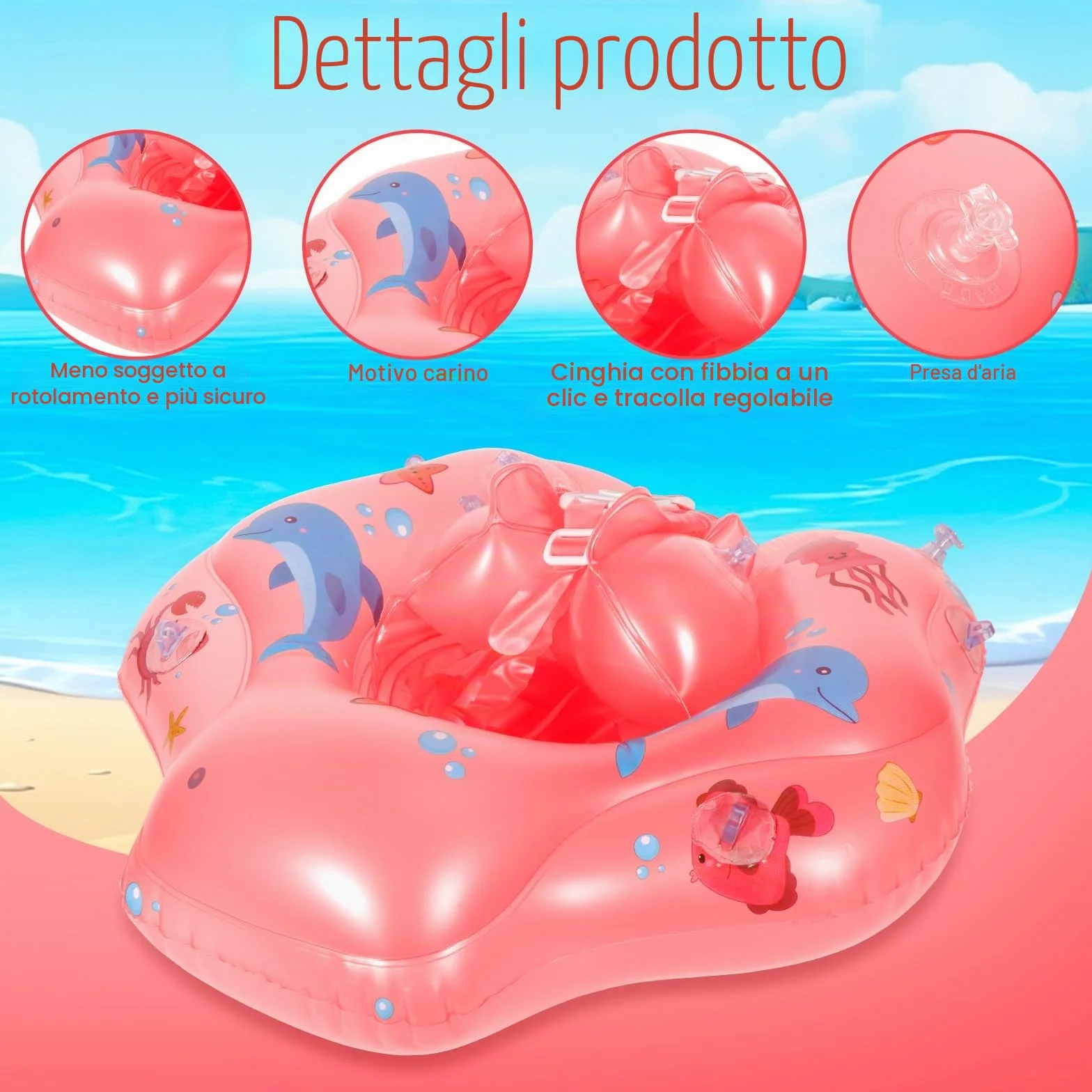 Piscina Salvagente Bambini Gonfiabile, Salvagente Neonato 1-3 anni, Salvagentes Neonato con Parasole e Seggiolino di Sicurezza, Anello di Nuoto Bambini UPF50+ Protezione UV(Rosa)