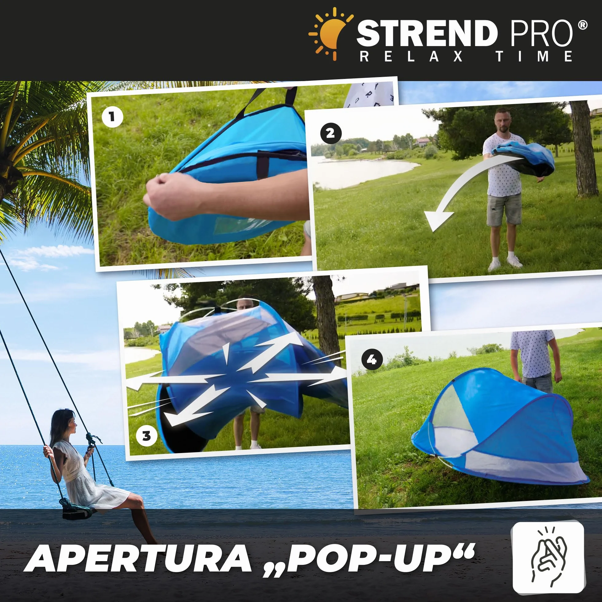 STREND PRO Mini tenda pop-up 190x120x90 cm – Piccola tenda da spiaggia, tenda a lancio con protezione UV, per bambini, giardino, parco e spiaggia
