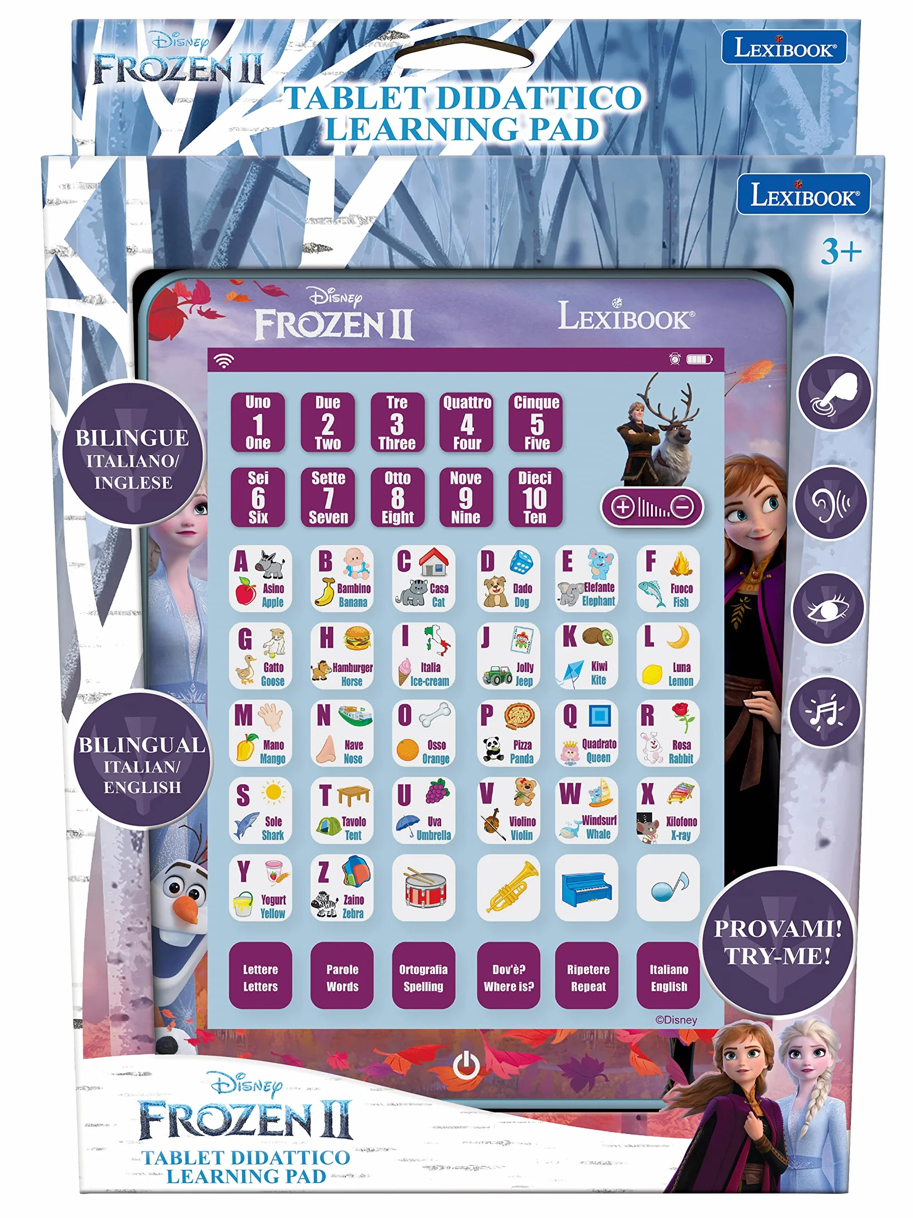 Lexibook, Frozen, Tablet educativo bilingue per Imparare Le Lettere, i Numeri, Le Parole, l'ortografia e la Musica, Inglese/Italiano, Viola, JCPAD002FZi5