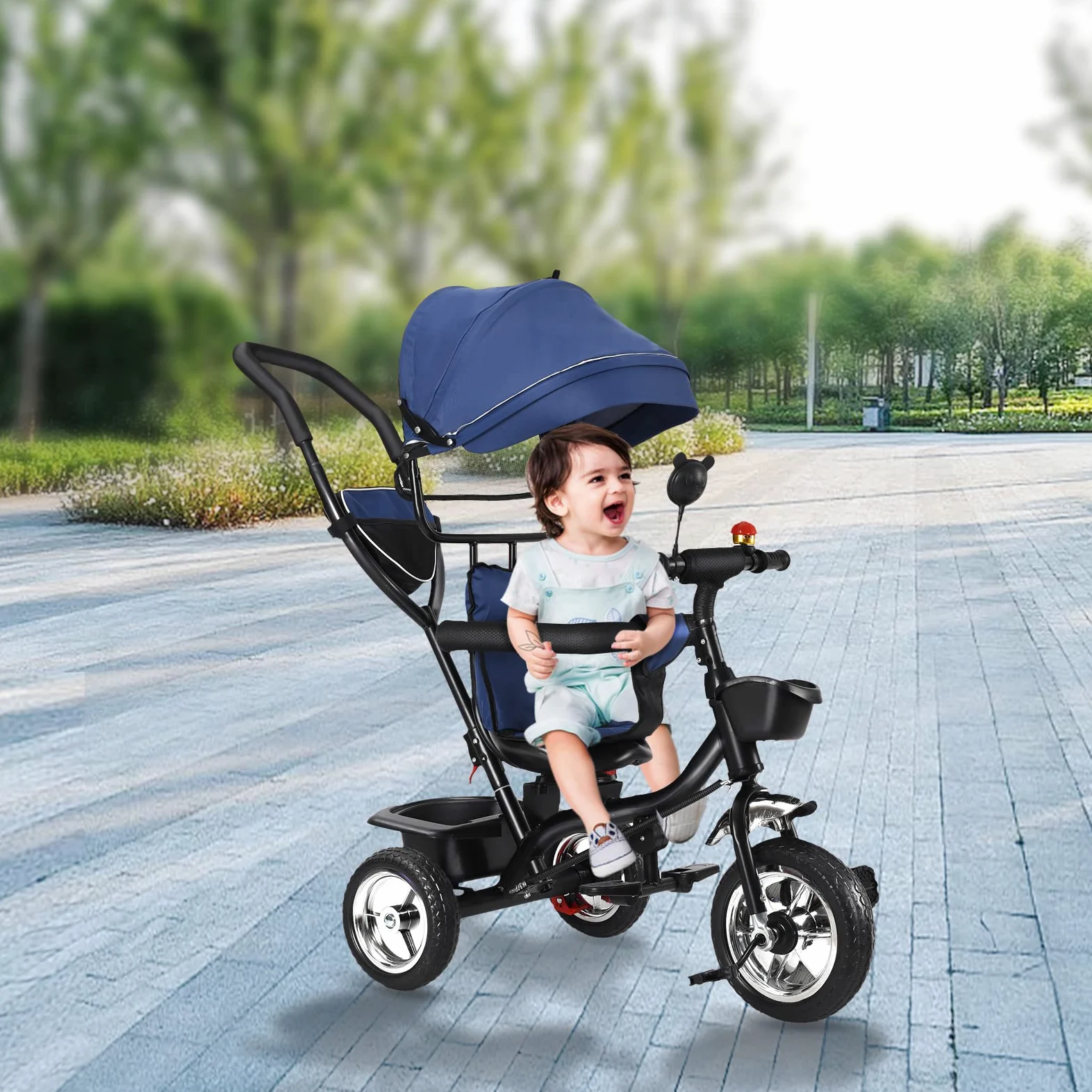 Kedia - Triciclo per bambini - 4 in 1, bicicletta per bambini con maniglia, passeggino con tettuccio apribile, sedile posteriore montabile (blu)