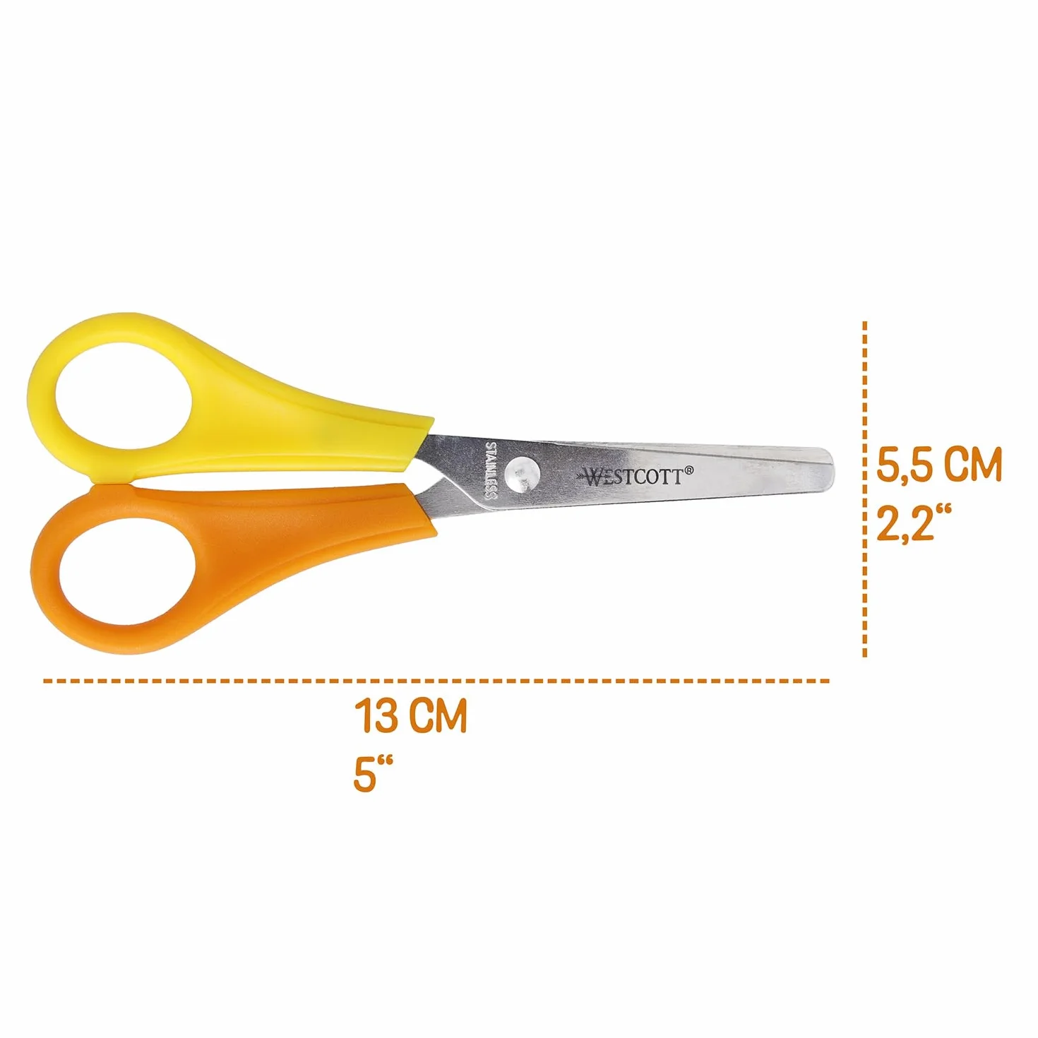 Westcott Forbici per bambini giallo per mancini | Forbici con scala integrata da 5 cm | Forbici da bricolage da 13 cm (5") ideali per le mani dei bambini | Punta arrotondata | E-21593 00