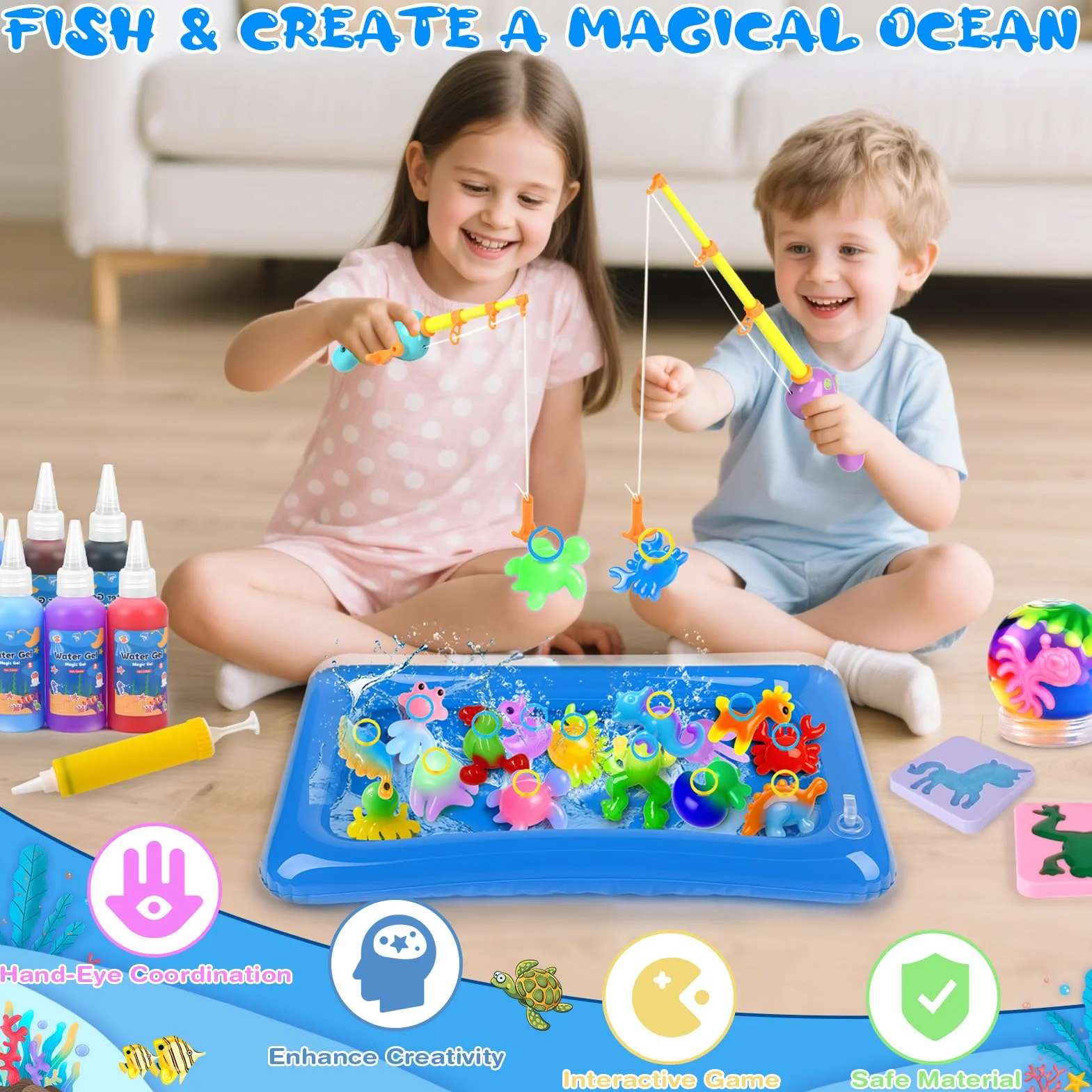 Dreamon Aqua Gelz Set, 71PCS Magic Jelly Set con 14 Gel Colorati, 2 Canne da Pesca, Giocattolo Educativo per Bambini 3+ Anni, Regalo DIY Ragazzi e Ragazze