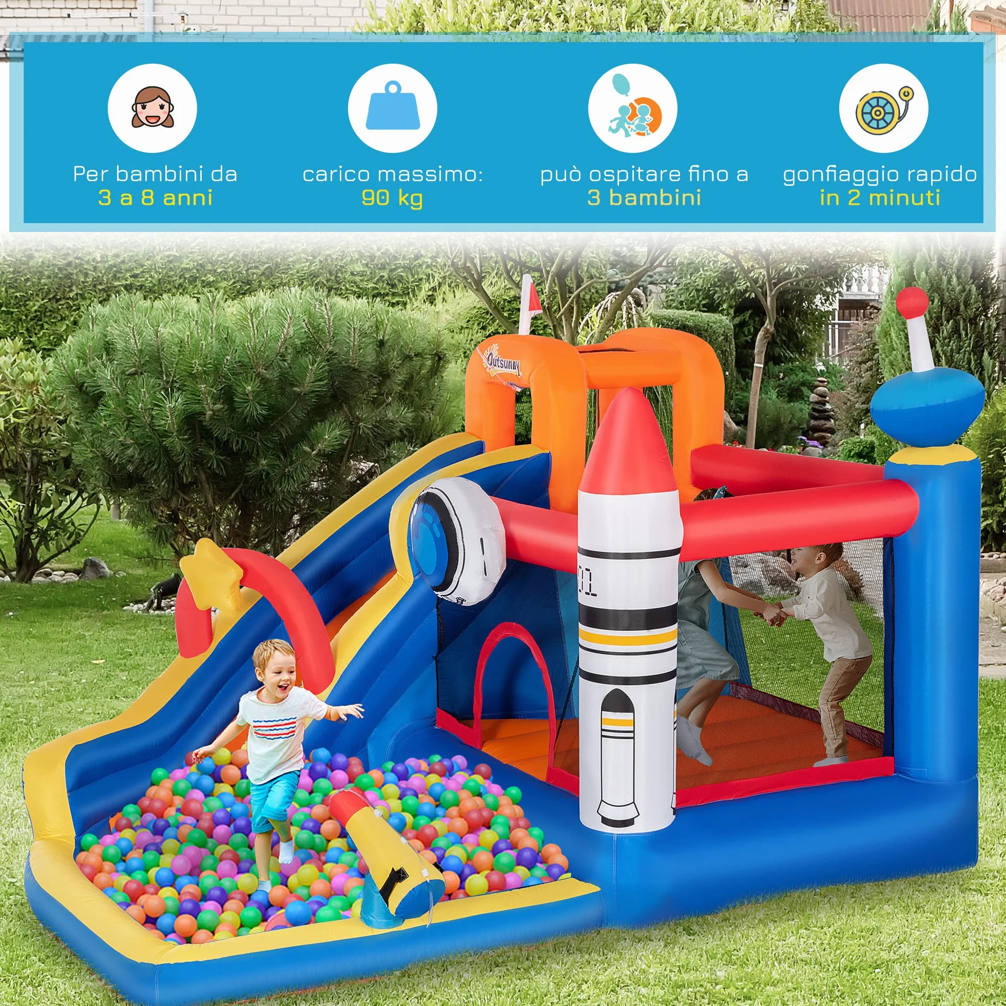 Outsunny Castello Gonfiabile per Bambini 3-8 Anni a tema Spazio con Borsa da Trasporto, 11 Paletti e Toppe Inclusi, in Tessuto Oxford, 340x270x227 cm