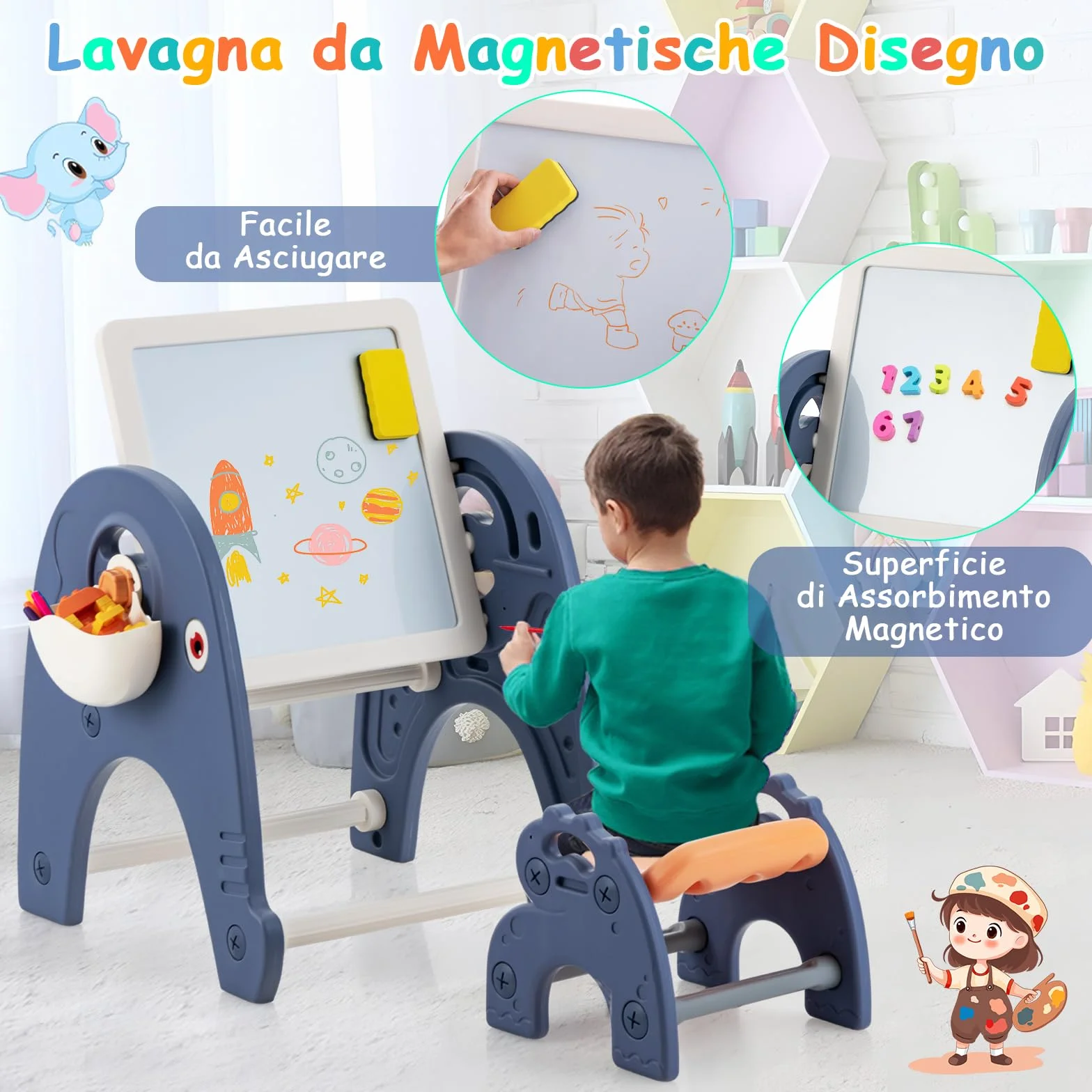 RELAX4LIFE Set di Cavalletto per Bambini con Sgabello, a Doppia Faccia con Lavagna Magnetica, Tavolo da Costruzione, Set Cavalletto per Bambini con Sgabello e Scatole Laterali
