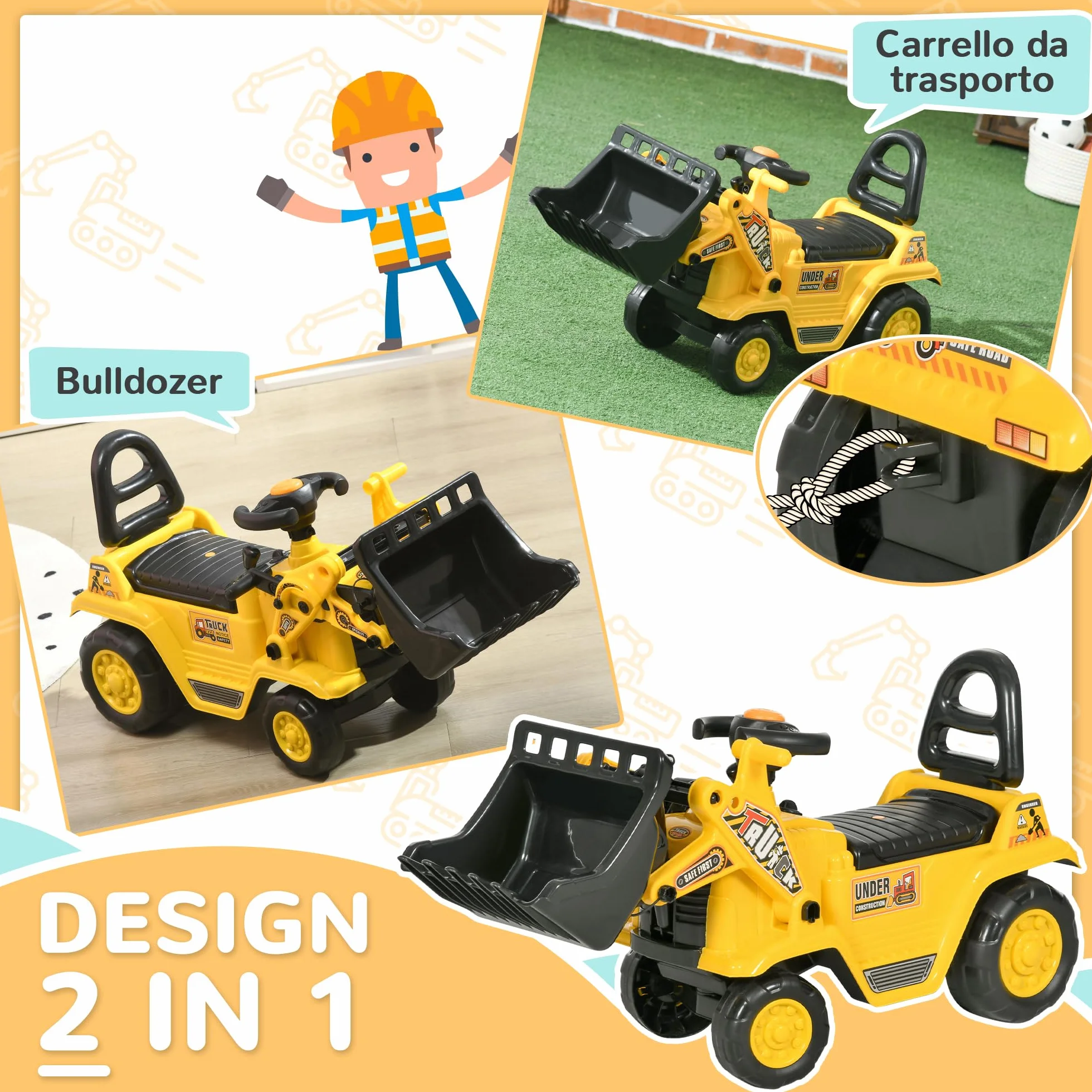 HOMCOM Escavatore per Bambini con Benna, PP e ABS, 80x26.5x39 cm, Giallo e Nero