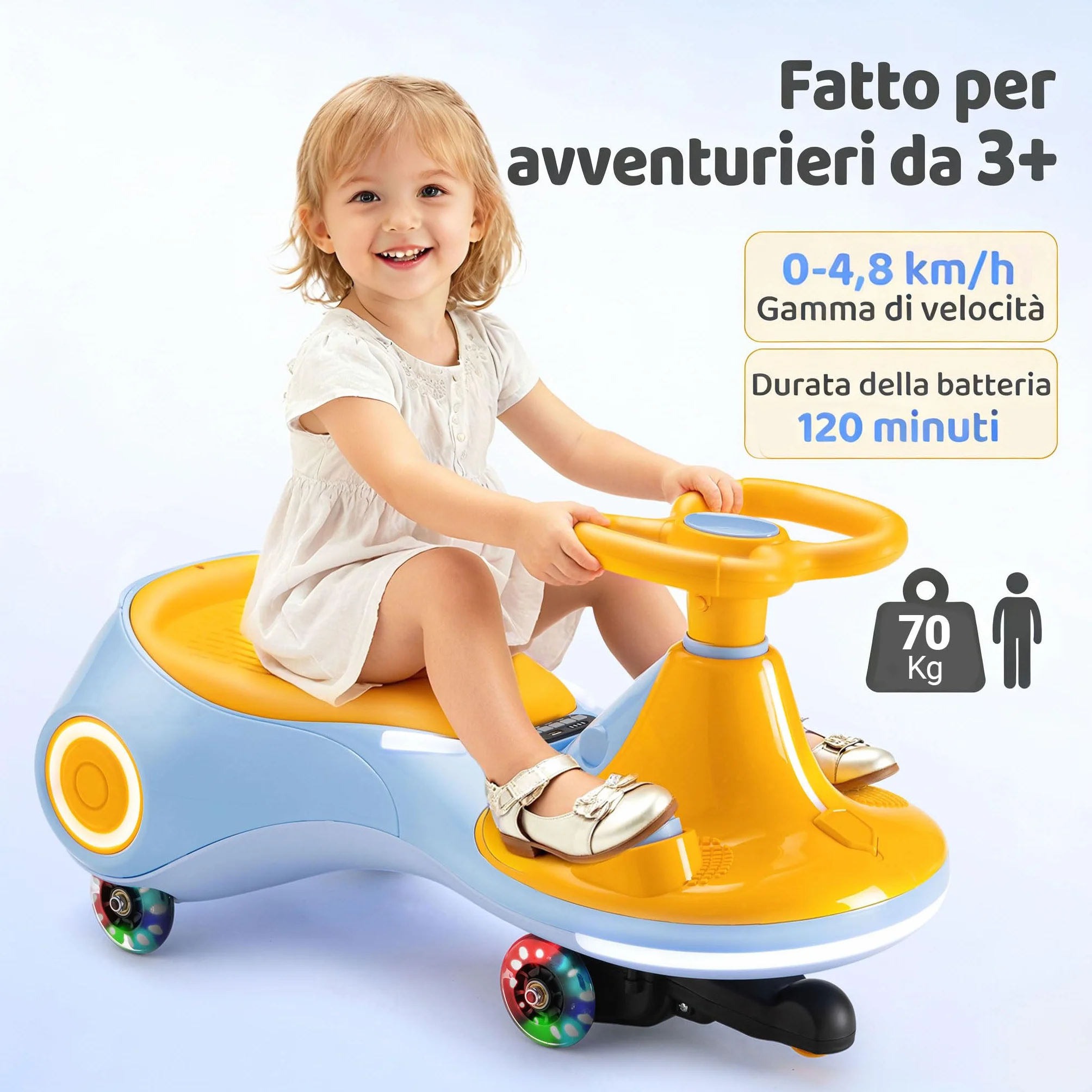 Auto a dondolo elettrica per bambini 12V 3-in-1 batteria ricaricabile anti-ribaltamento ruote luminose musica