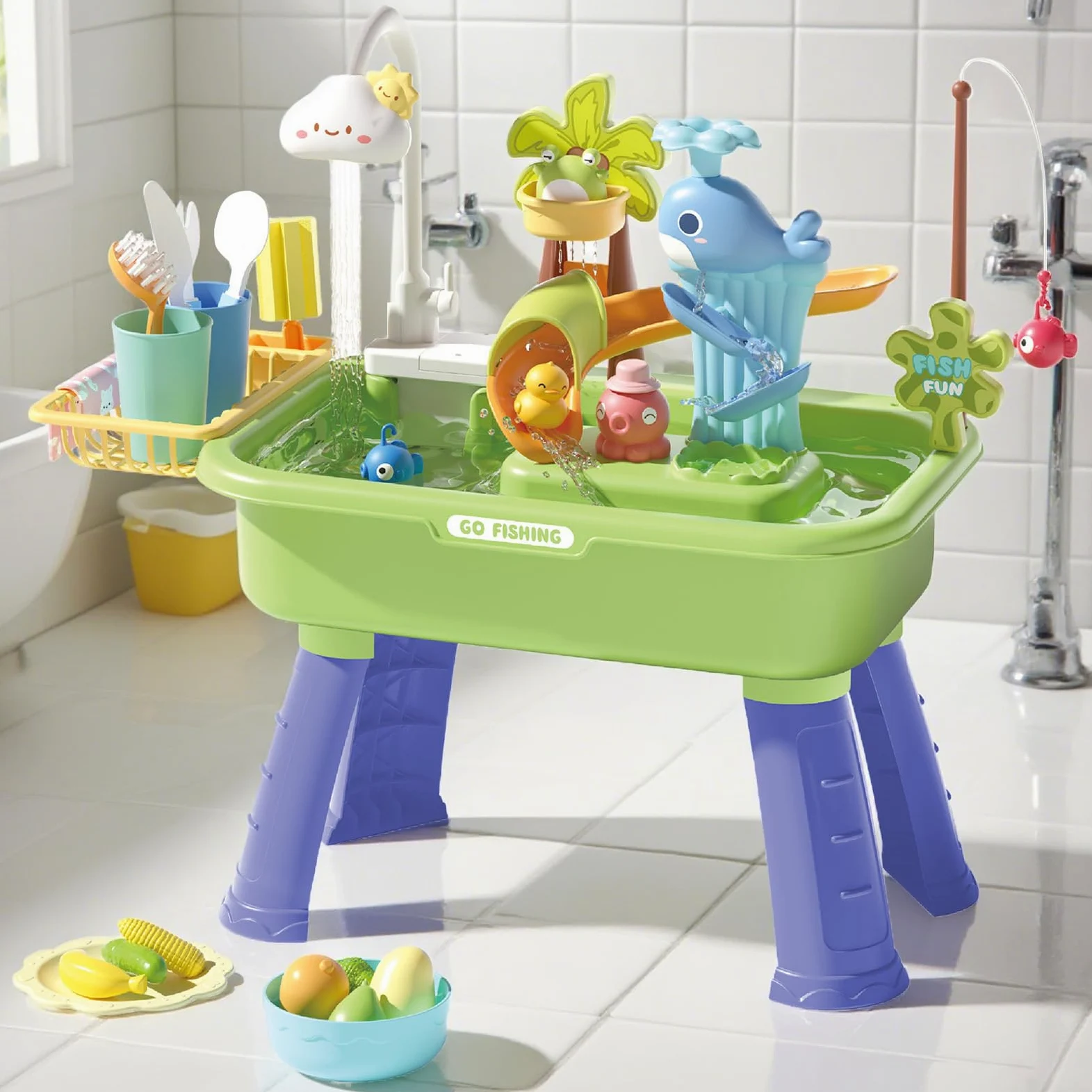 Tavolo Acquatico Tavolo Sabbia e Acqua da Esterno | Sensoriale Educativo con Pompa per Giardino Sviluppo Coordinazione Mano-Occhio Attività Estive Interattivo