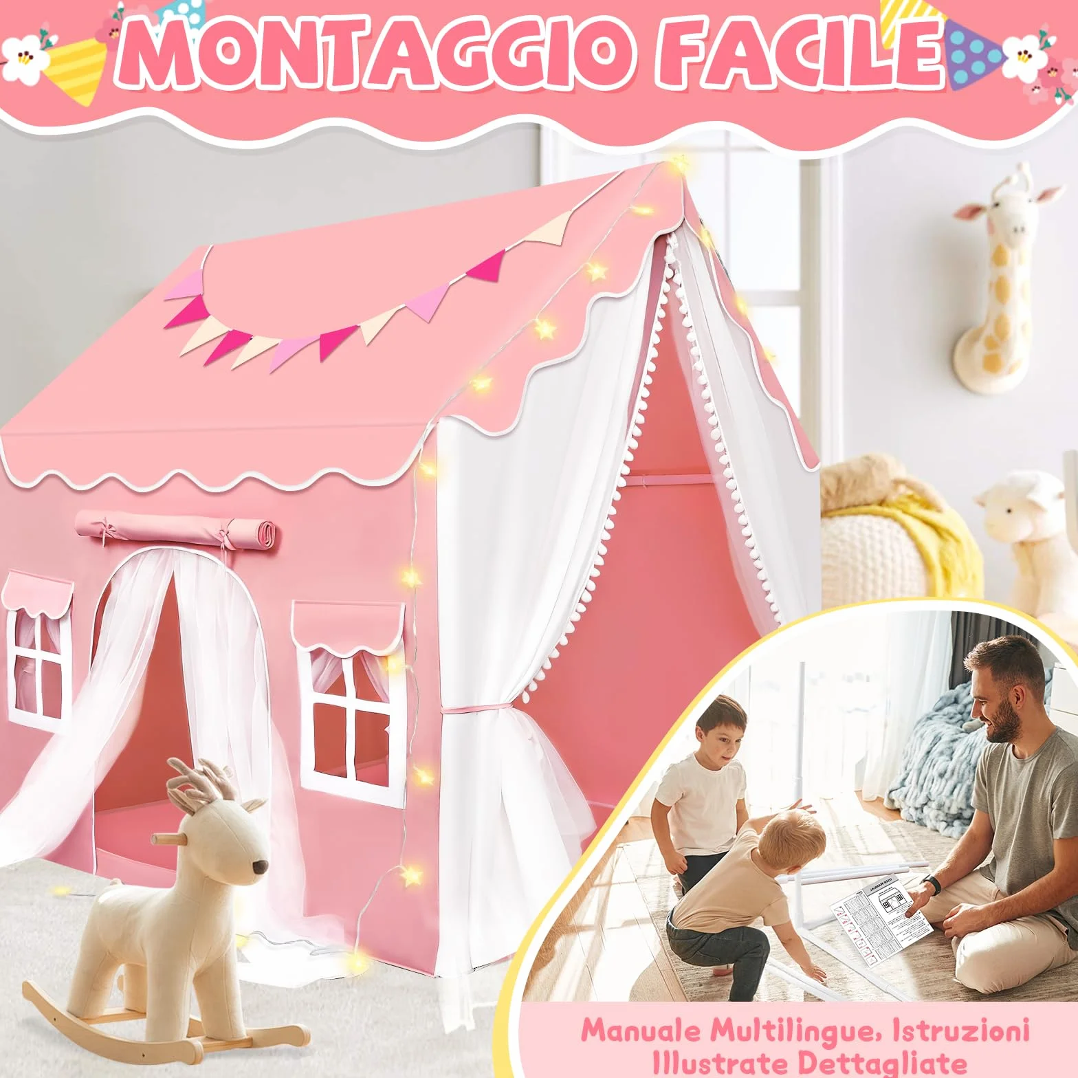 JONRRYIN 2 IN 1 Tenda per Bambini Cameretta, Tenda da Gioco con 2 Porte per Interni Esterni con Finestre, Luci LED e Bandierine, Tenda Letto Casetta Tenda per Bambini Regalo