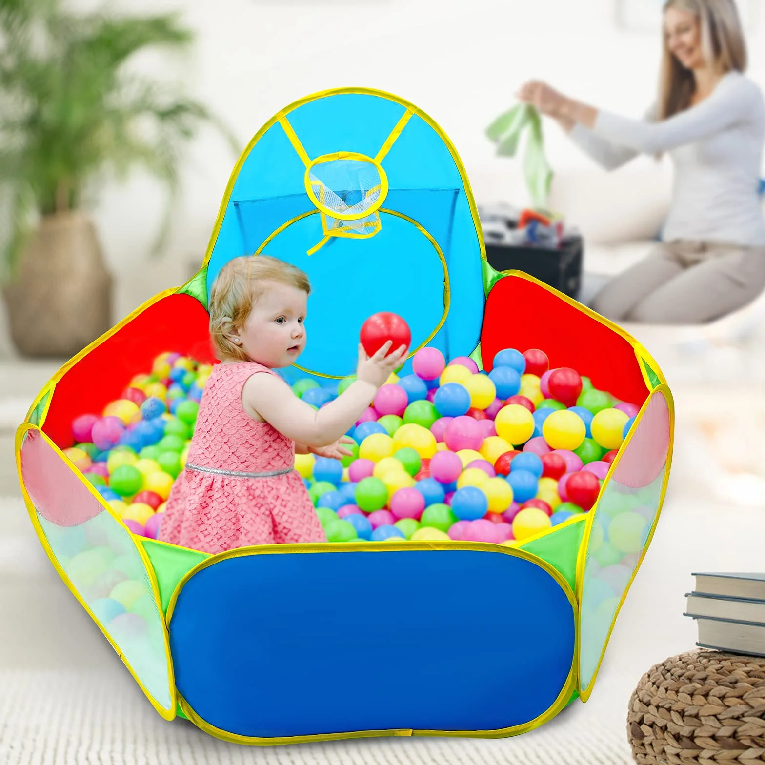 Eocusun Piscina per palline per bambini, per interni ed esterni, tenda da gioco portatile con canestro da basket e borsa con cerniera (palline non incluse)