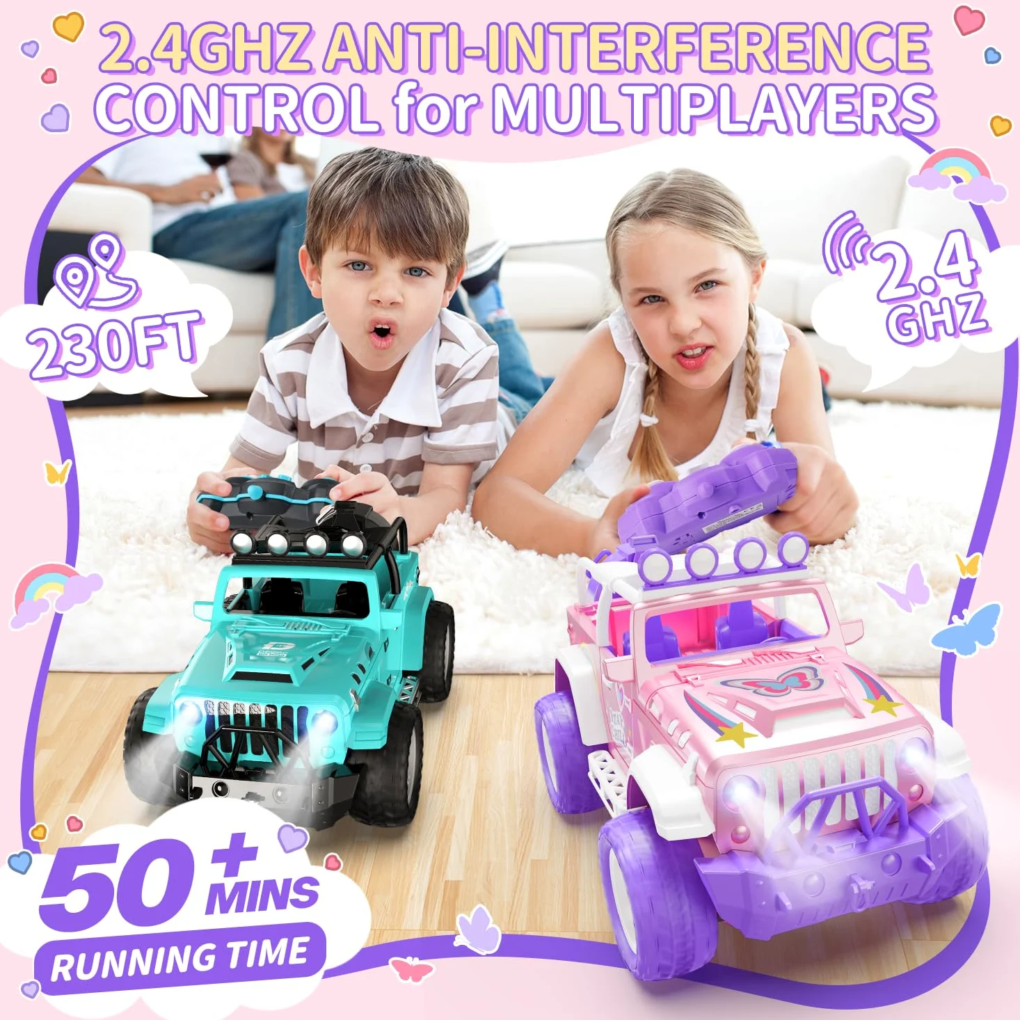 DEERC Rosa macchina telecomandata bambina con Nebbia Nebbia e Musica, 1:16 RC Auto con Luci a LED per Bambini, 2.4Ghz All Terrain SUV Camion Regali, Veicolo da Corsa Fuoristrada Giocattolo Auto, Gioca