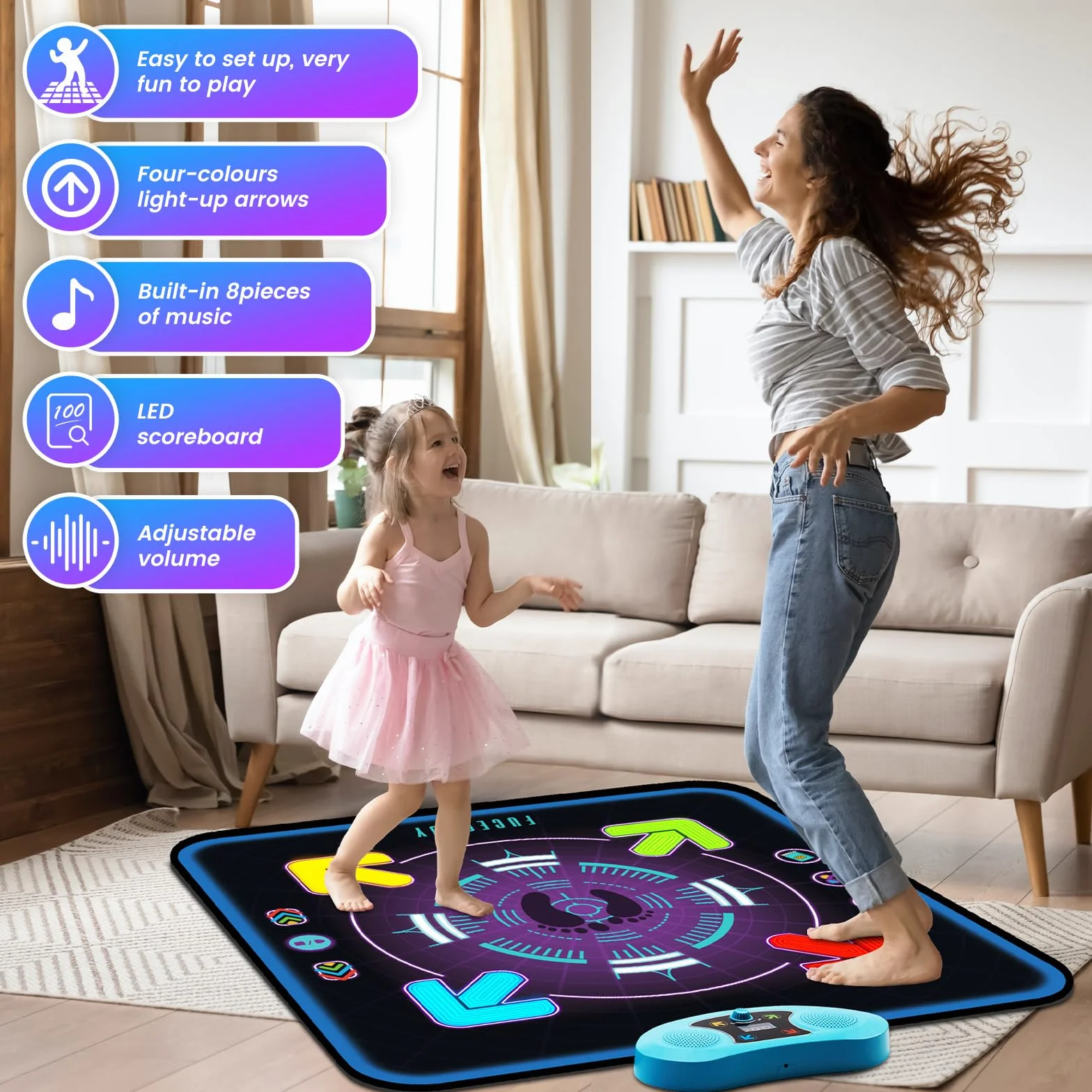 Tappeto Musicale Ballo Bambini con Luci, 3 Modalità, Volume Regolabile, Regalo Compleanno Natale 4-10+