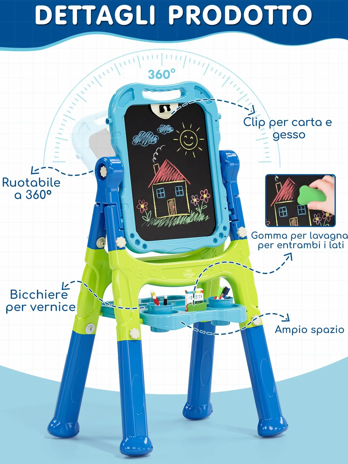 Lehoo Castle Lavagna Magnetica 4 in 1 Bambini, 360° Cavalletto Pittura Regolabile Altezza, Giocattolo Educativo 3+ Anni