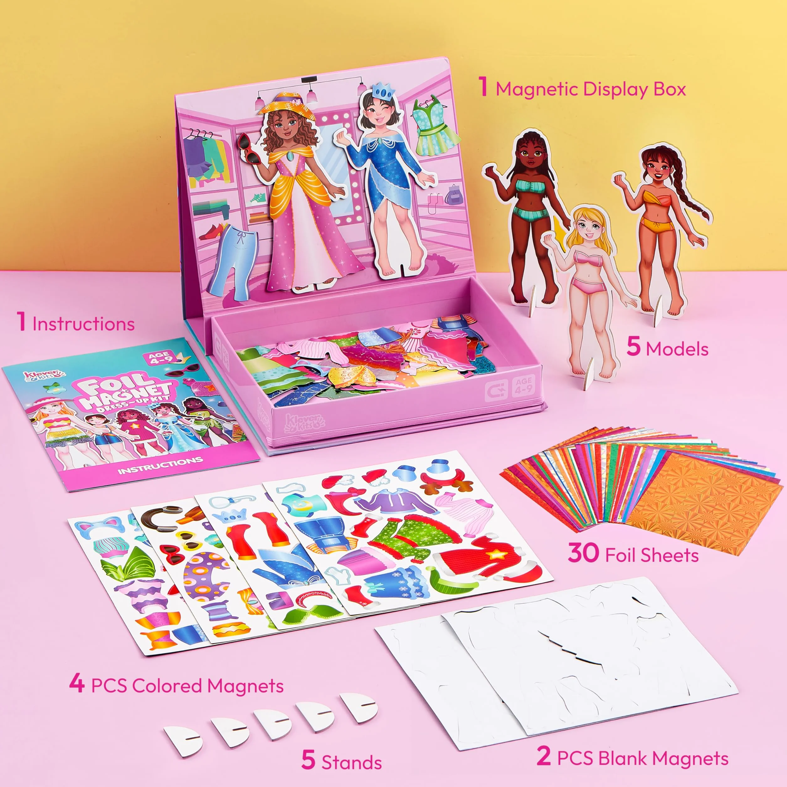 Klever Kits Bambole magnetiche per ragazze dai 4 anni in su, set di styling deluxe con 5 bambole principesse, 60+ abiti magnetici e accessori in alluminio, libro di attività da viaggio regalo per