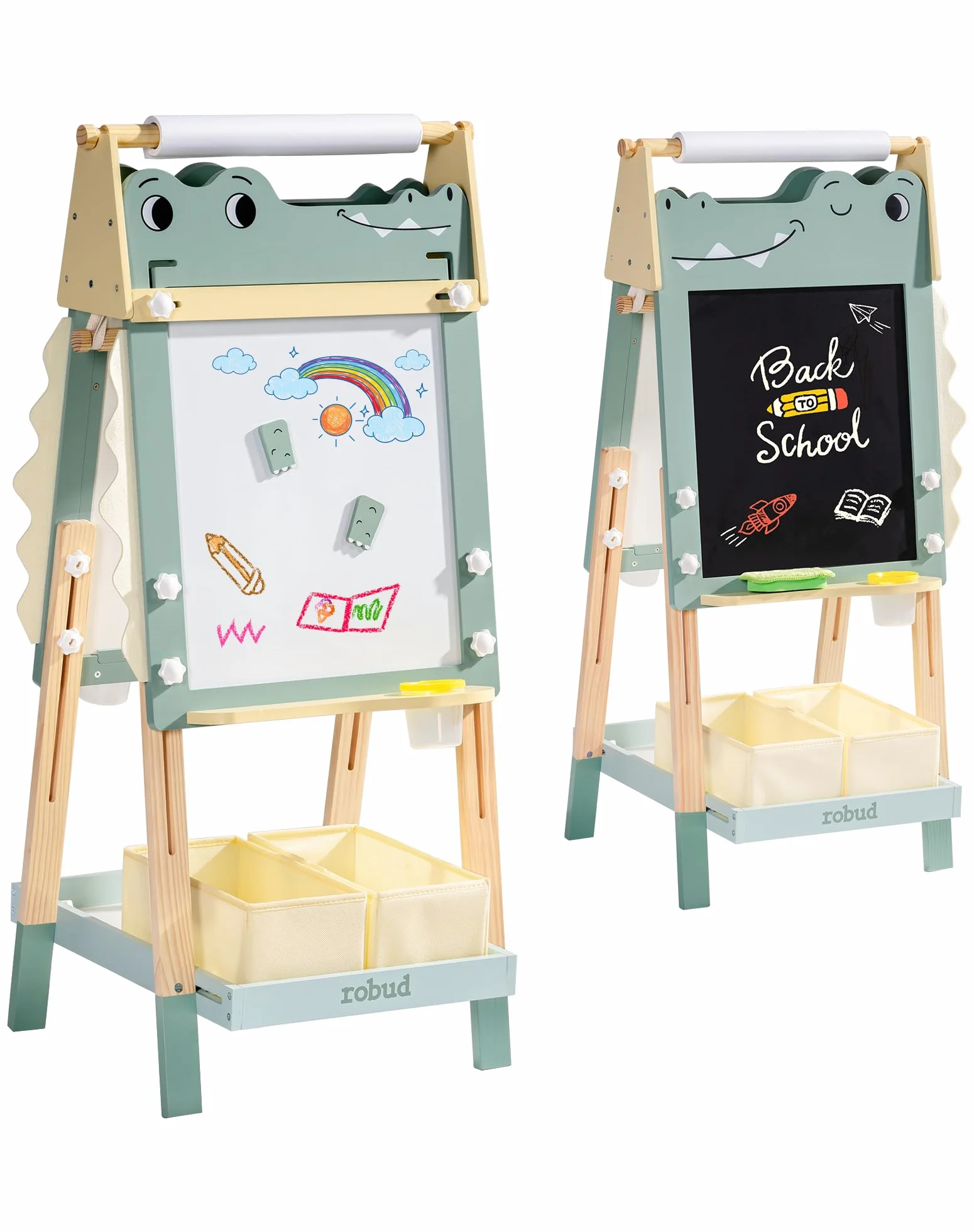 ROBUD Cavalletto in legno per bambini doppia faccia lavagna bianca e gesso con rotolo di carta regolabile in altezza magneti